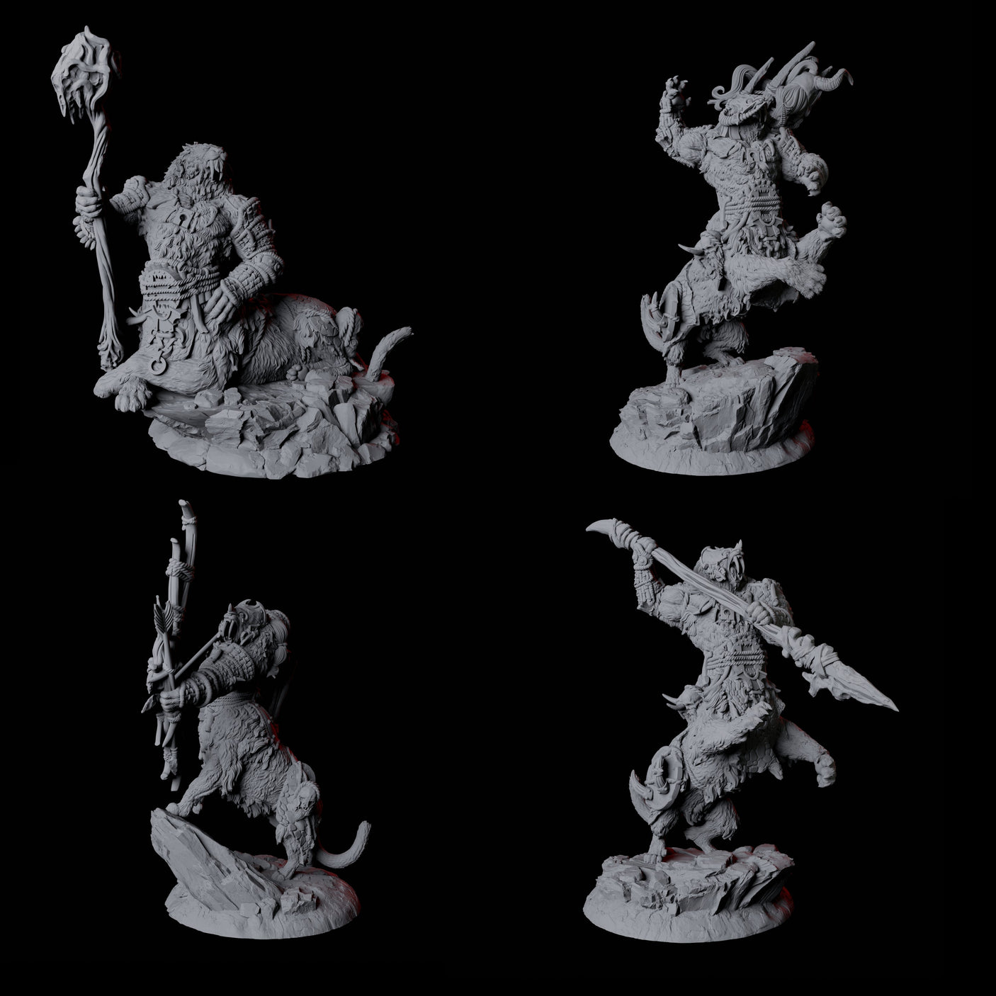 Four Cat Bear Centaurs Miniature for Dungeons and Dragons, Pathfinder or other TTRPGs