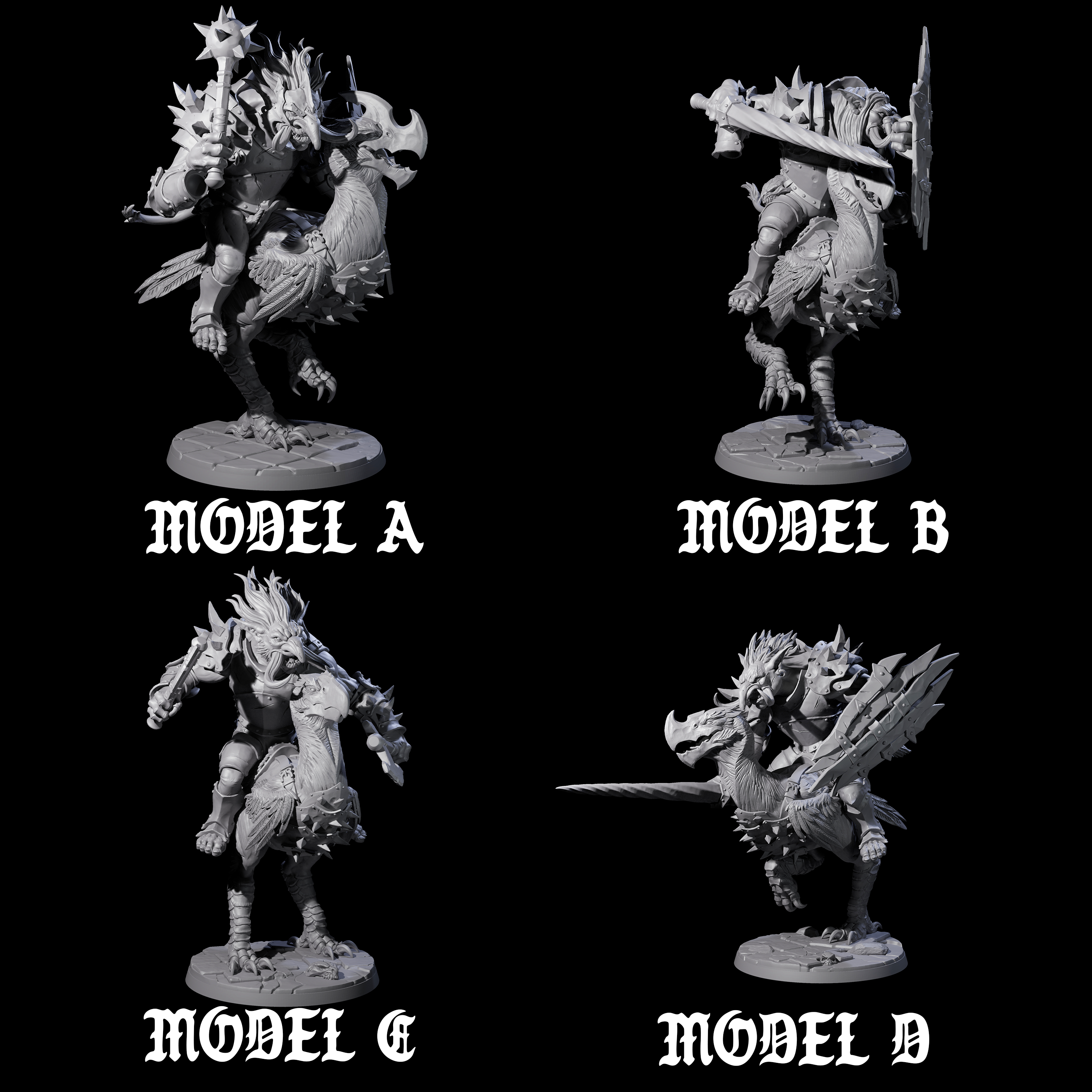 Four Charging Troll Riders on Axe Beaks Miniature for Dungeons and Dragons, Pathfinder or other TTRPGs
