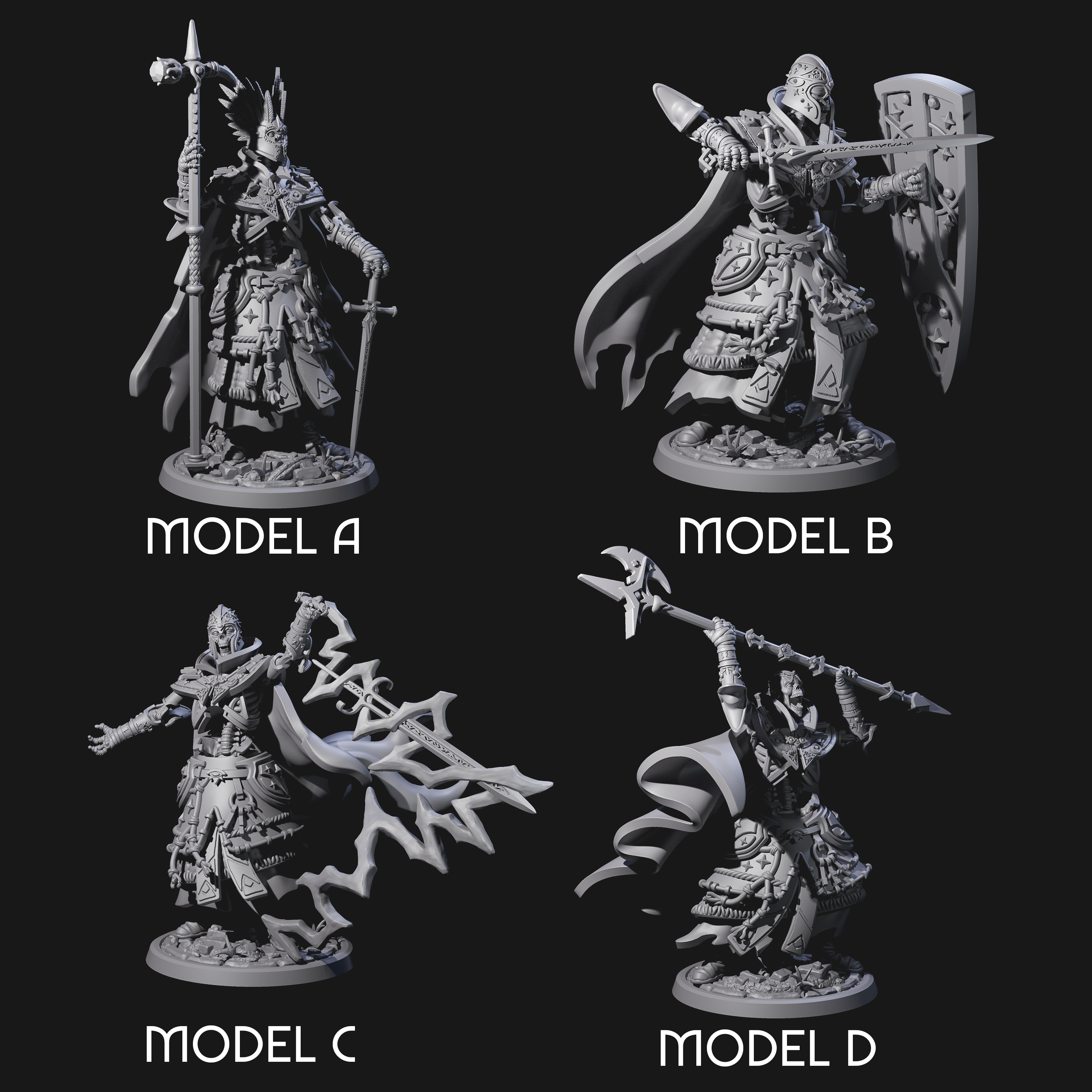 Four Decorated Skeleton Guards Miniature for Dungeons and Dragons, Pathfinder or other TTRPGs