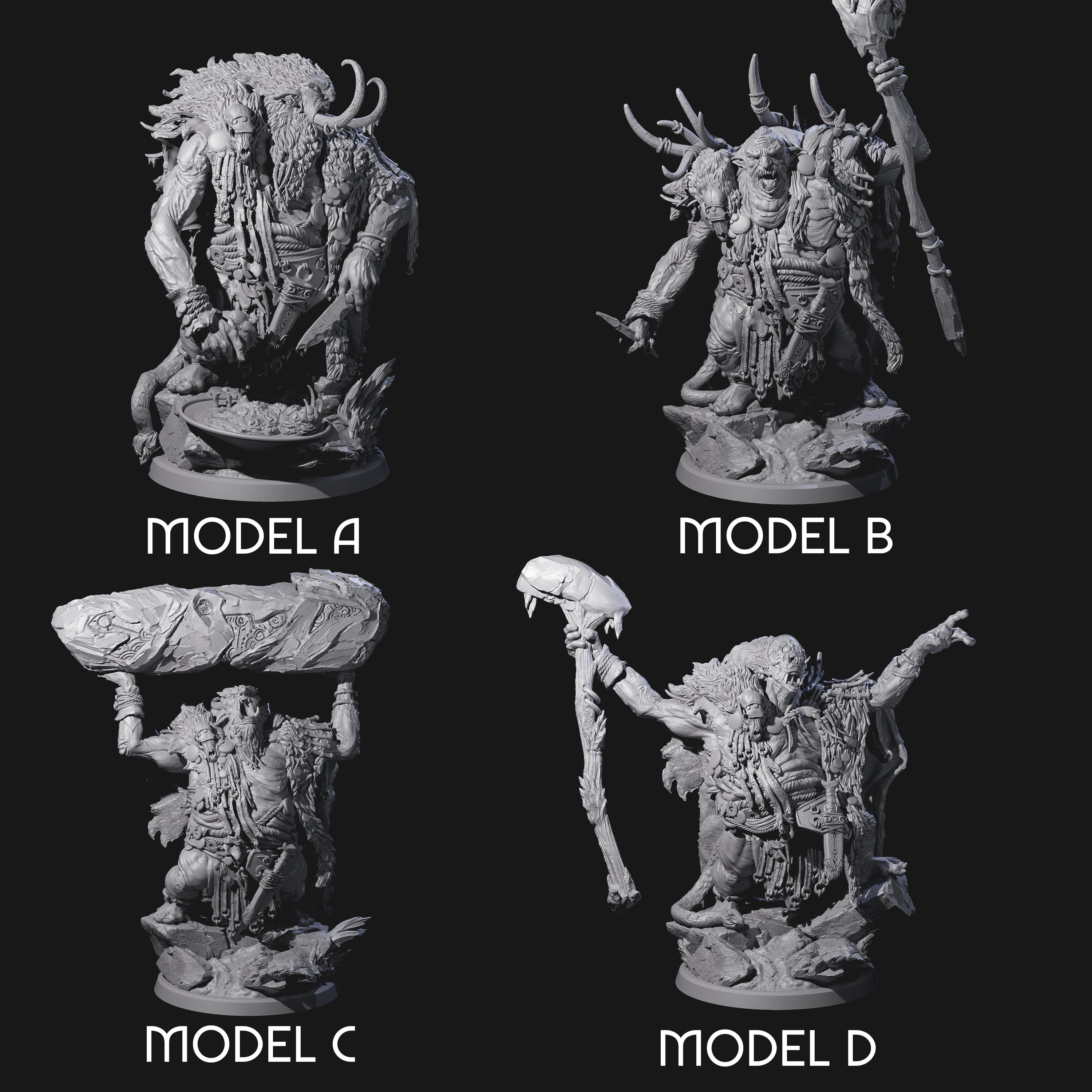 Four Decorated Tribal Ogres Miniature for Dungeons and Dragons, Pathfinder or other TTRPGs