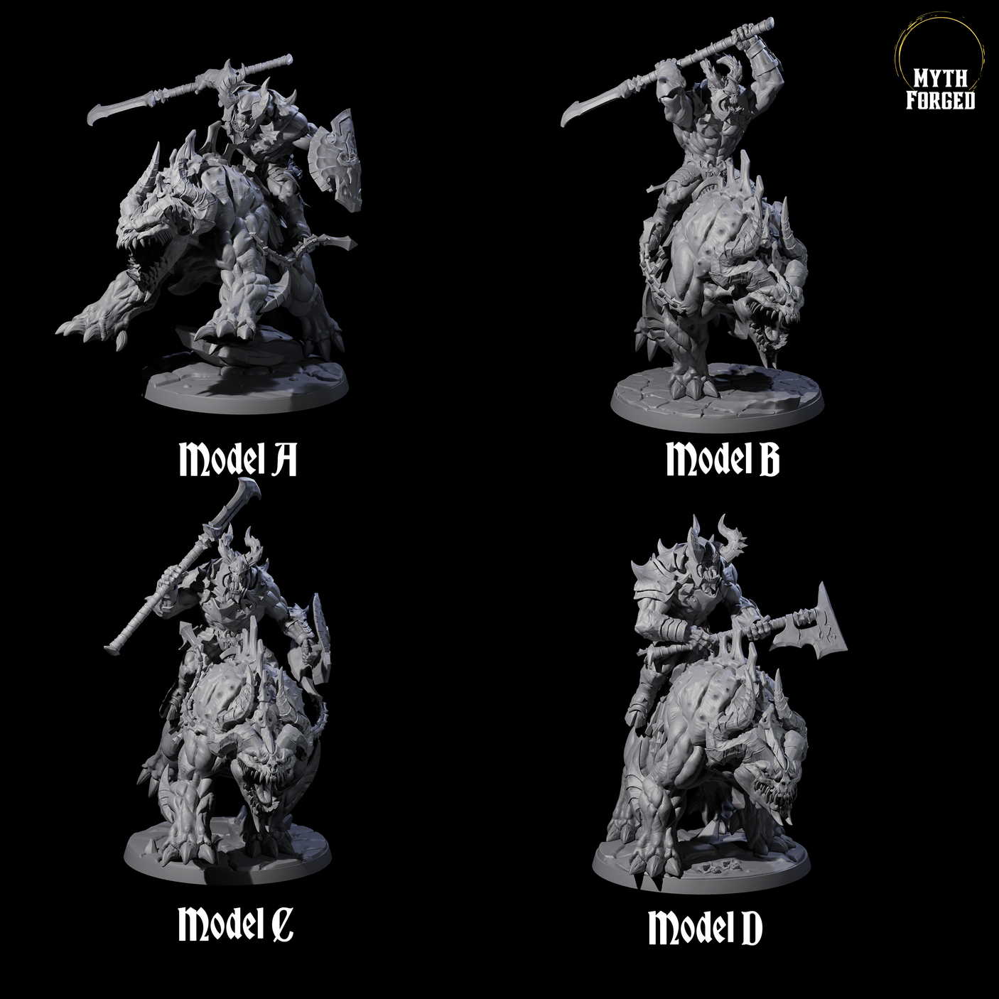 Four Demonic Ravagers riding Hellhounds Miniature for Dungeons and Dragons, Pathfinder or other TTRPGs
