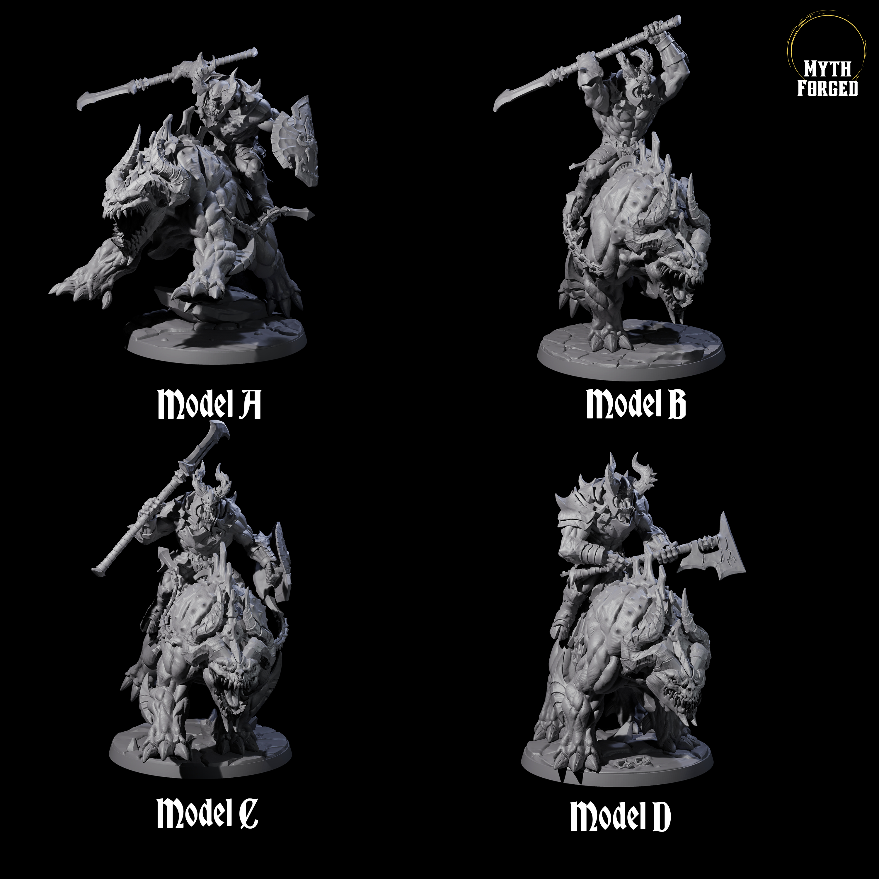 Four Demonic Ravagers riding Hellhounds Miniature for Dungeons and Dragons, Pathfinder or other TTRPGs