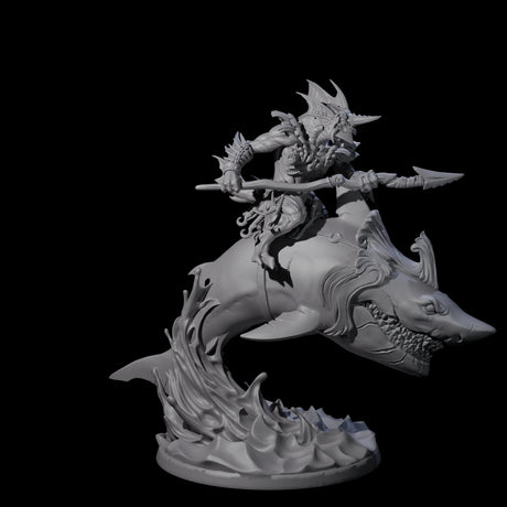 Four Dripping Sahuagin Warriors riding Sharks Miniature for Dungeons and Dragons, Pathfinder or other TTRPGs