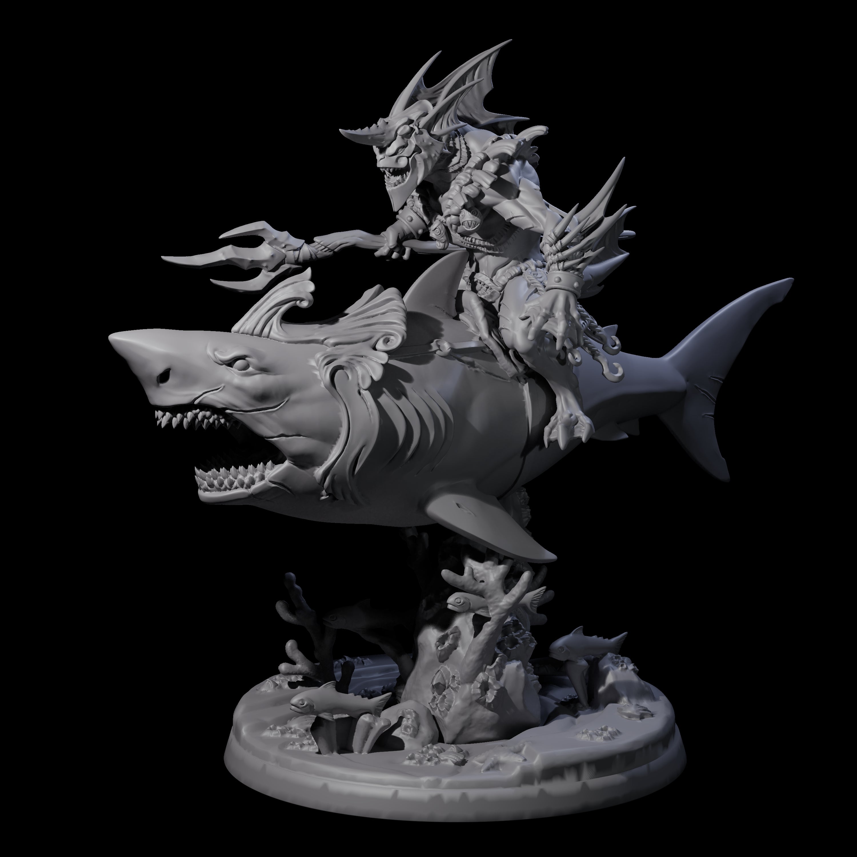 Four Dripping Sahuagin Warriors riding Sharks Miniature for Dungeons and Dragons, Pathfinder or other TTRPGs