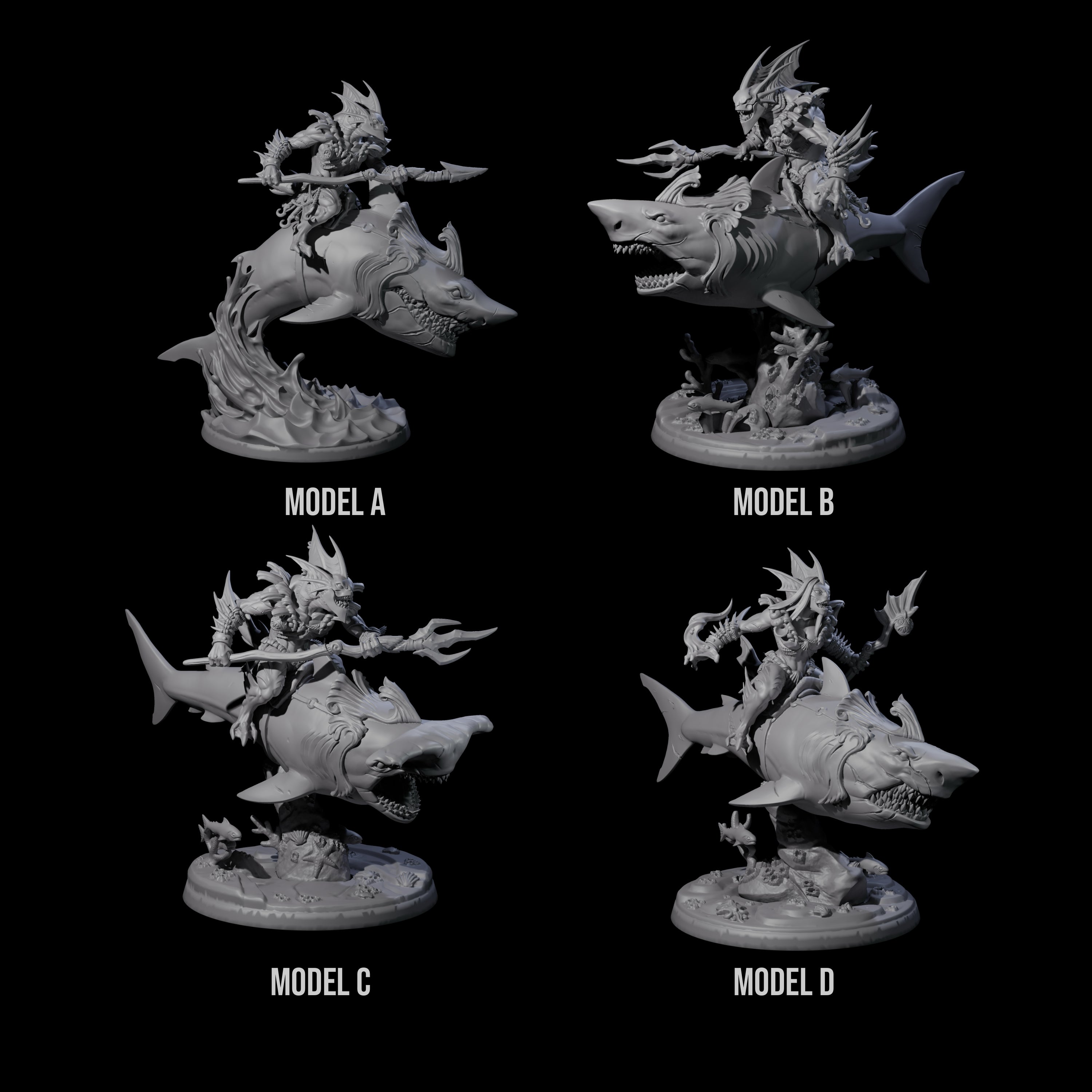 Four Dripping Sahuagin Warriors riding Sharks Miniature for Dungeons and Dragons, Pathfinder or other TTRPGs