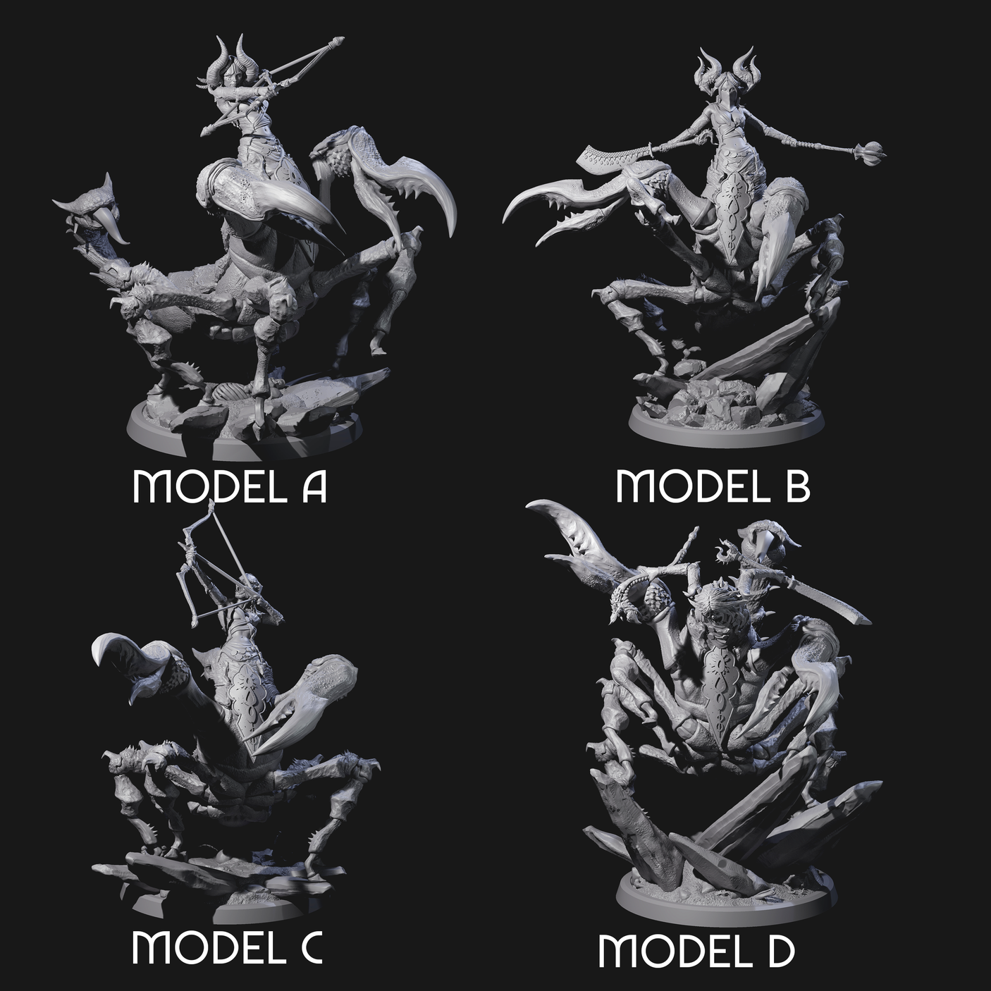 Four Enchanting Scorpion Driders Miniature for Dungeons and Dragons, Pathfinder or other TTRPGs