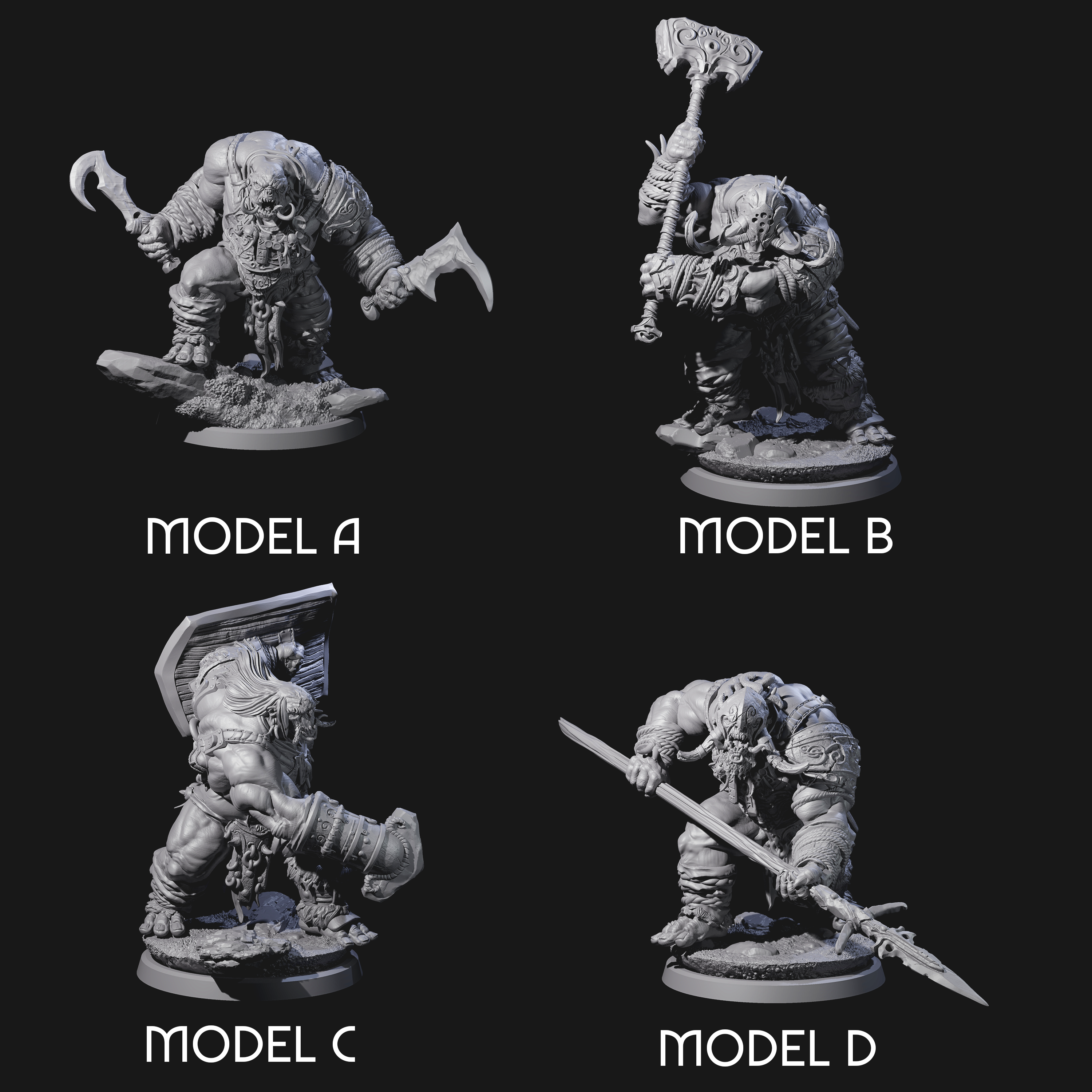 Four Fierce Cave Ogres Miniature for Dungeons and Dragons, Pathfinder or other TTRPGs