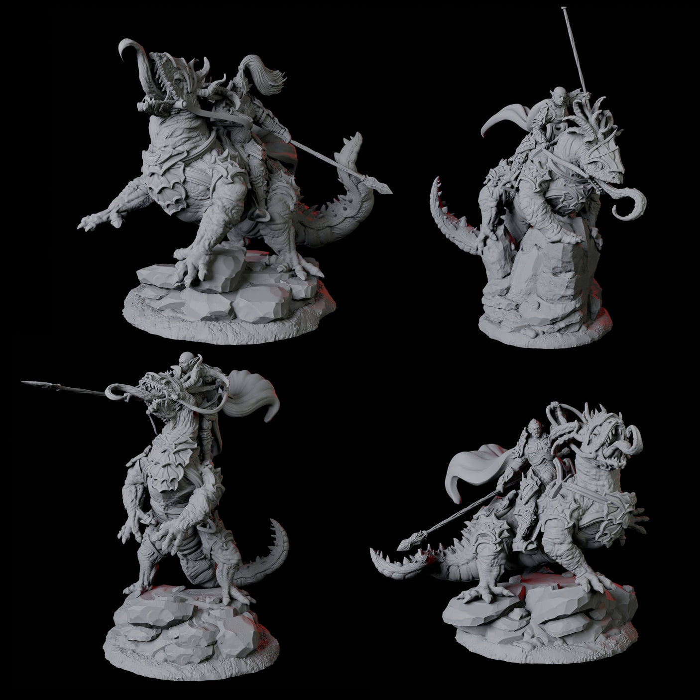 Four Fighters mounted on Giant Lizards Miniature for Dungeons and Dragons, Pathfinder or other TTRPGs
