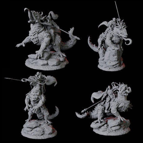 Four Fighters mounted on Giant Lizards Miniature for Dungeons and Dragons, Pathfinder or other TTRPGs