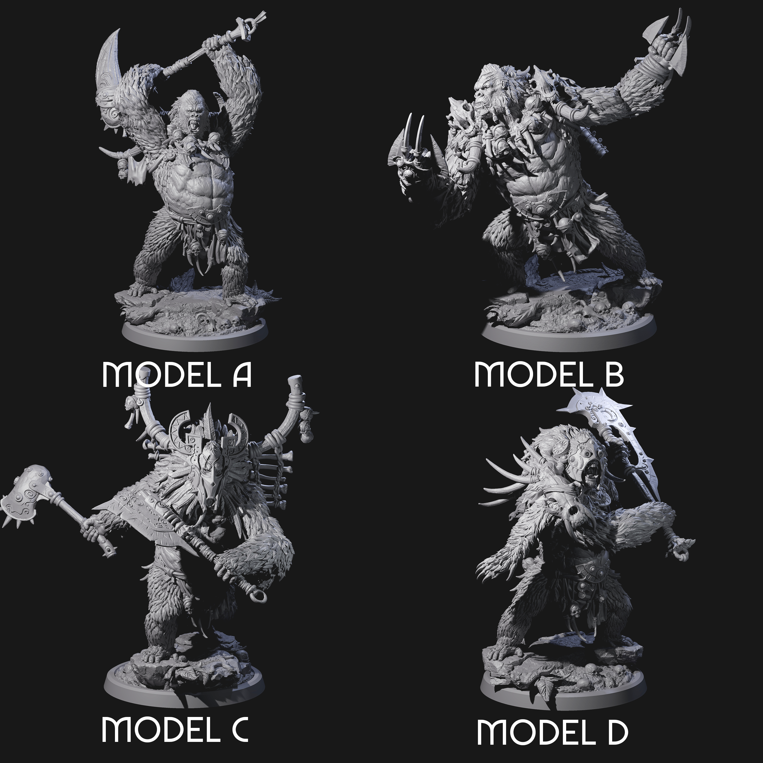 Four Furious Giant Apes Miniature for Dungeons and Dragons, Pathfinder or other TTRPGs
