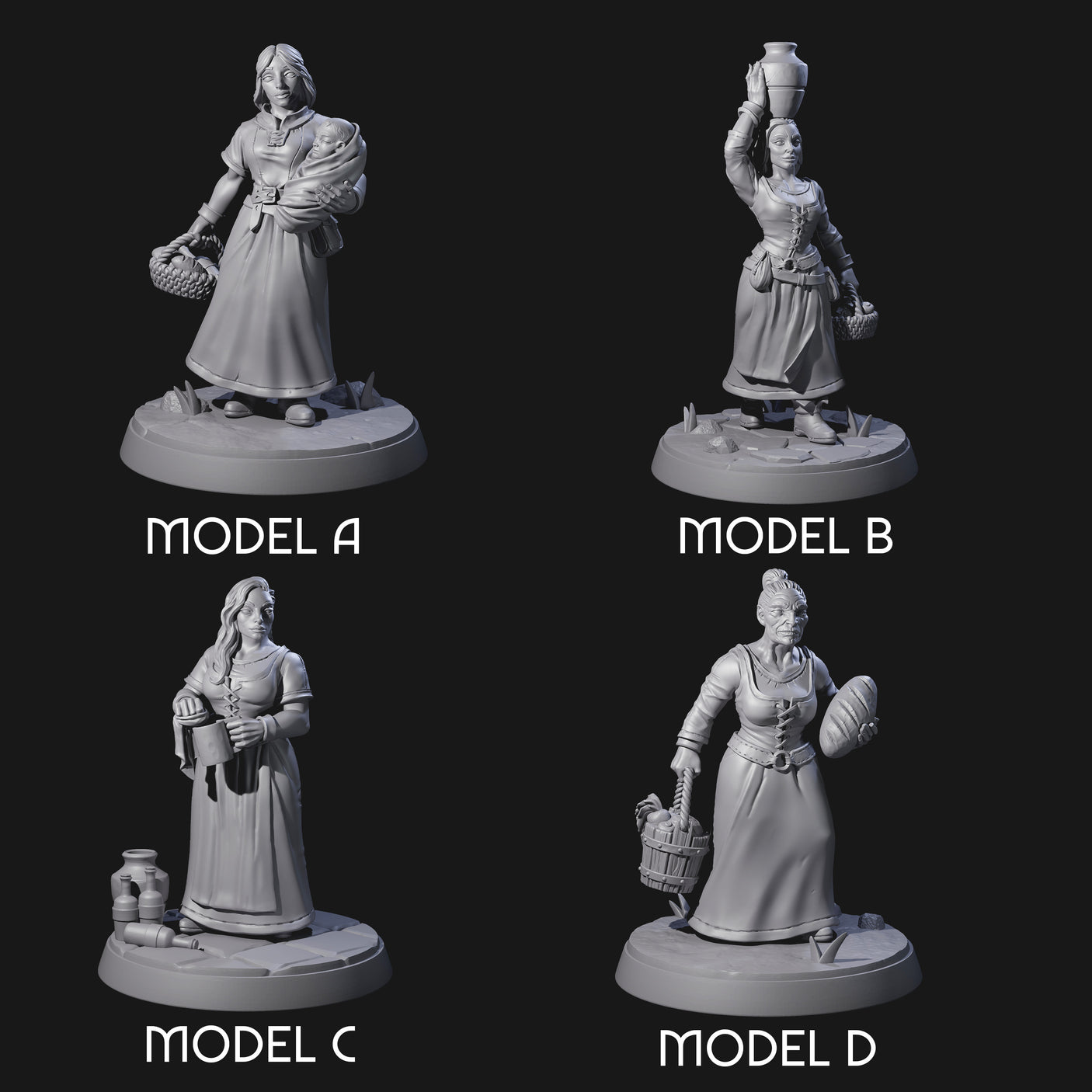 Four Honest Village Women Miniature for Dungeons and Dragons, Pathfinder or other TTRPGs