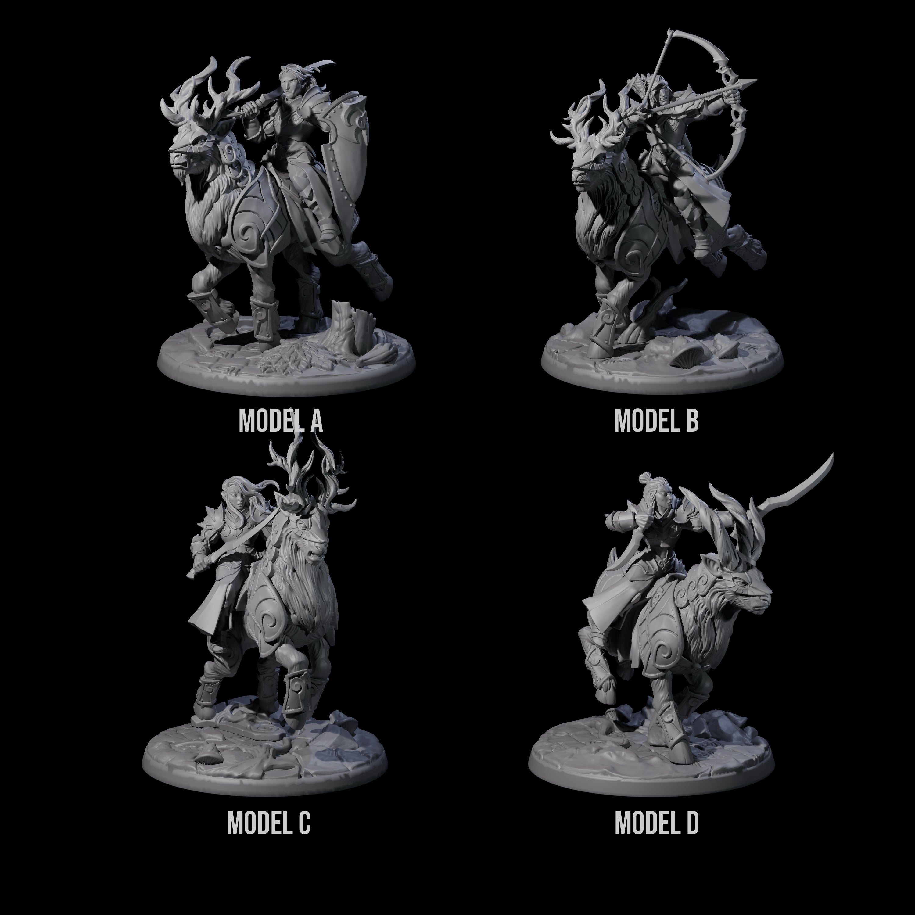 Four Honourable High Elf Riders on Giant Elks Miniature for Dungeons and Dragons, Pathfinder or other TTRPGs