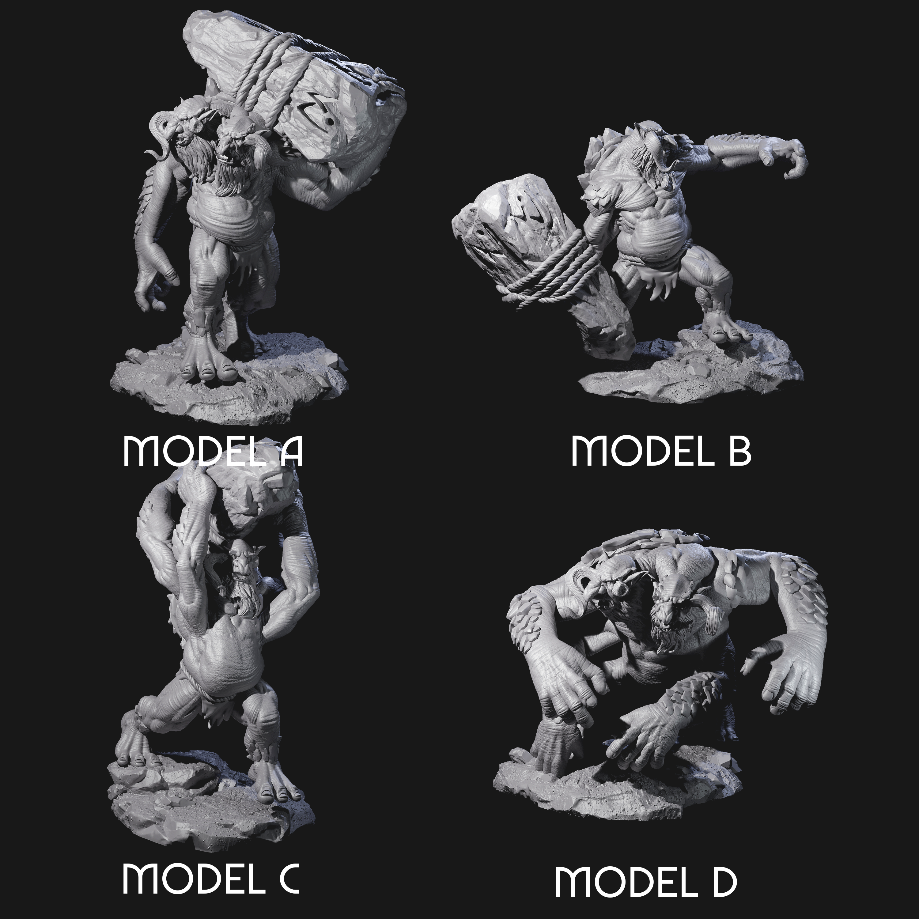 Four Hurling Ettins Miniature for Dungeons and Dragons, Pathfinder or other TTRPGs