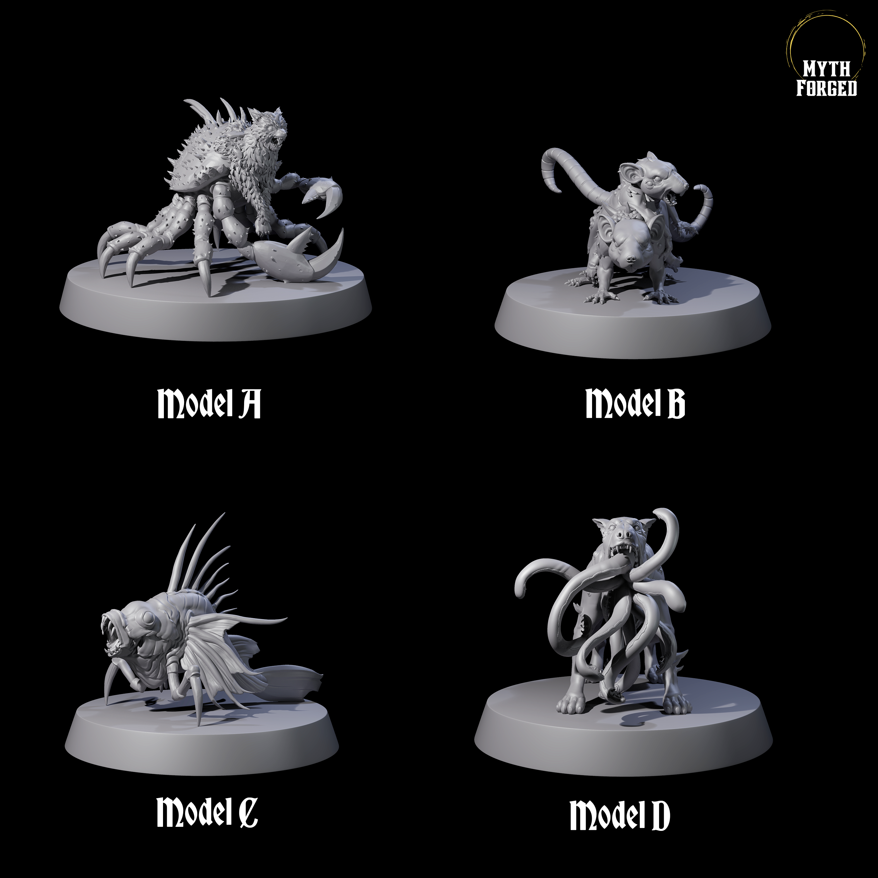 Four Mutated Animals Miniature for Dungeons and Dragons, Pathfinder or other TTRPGs