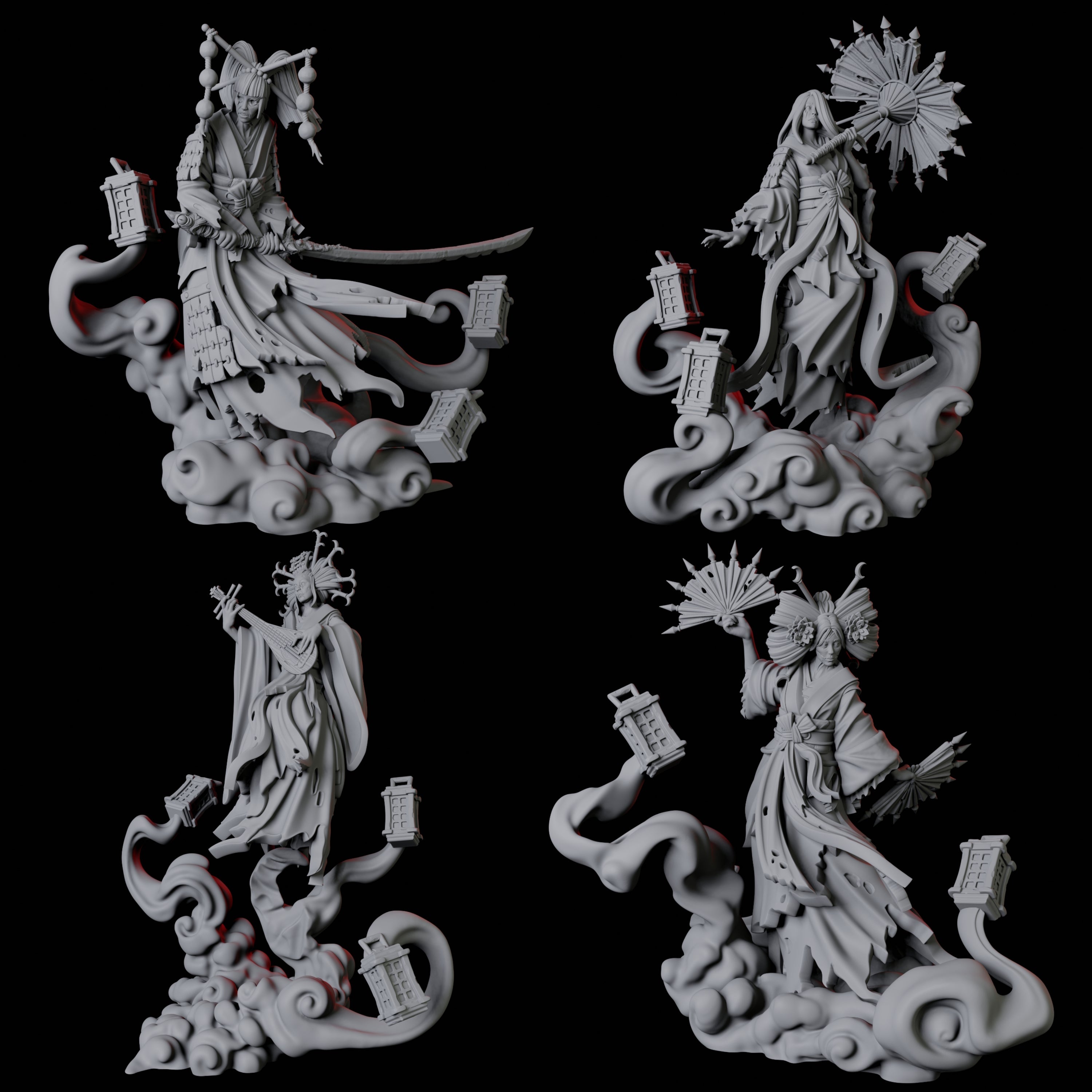 Four Mysterious Geisha Sorcerers Miniature for Dungeons and Dragons, Pathfinder or other TTRPGs