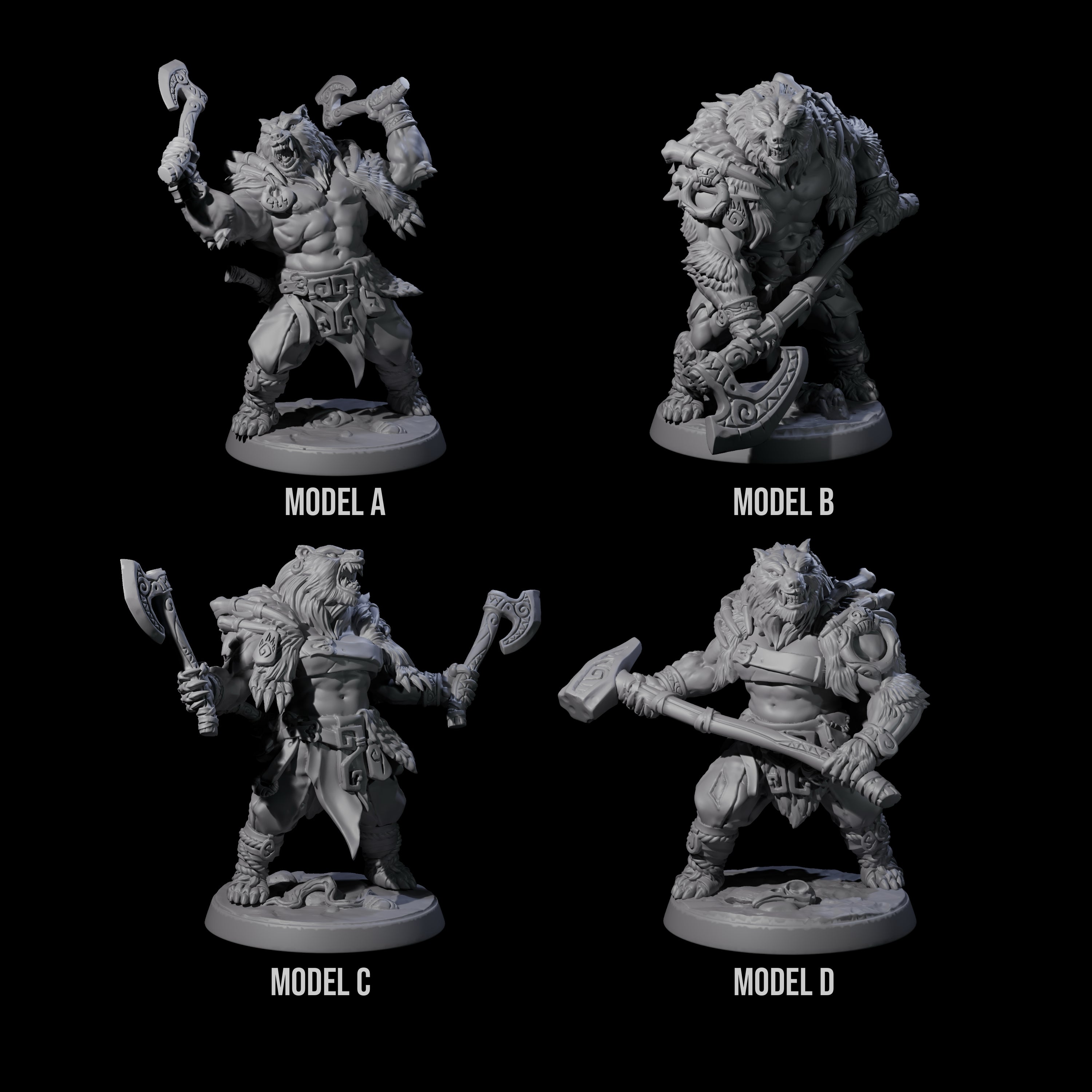 Four Proud Ursine Barbarians Miniature for Dungeons and Dragons, Pathfinder or other TTRPGs