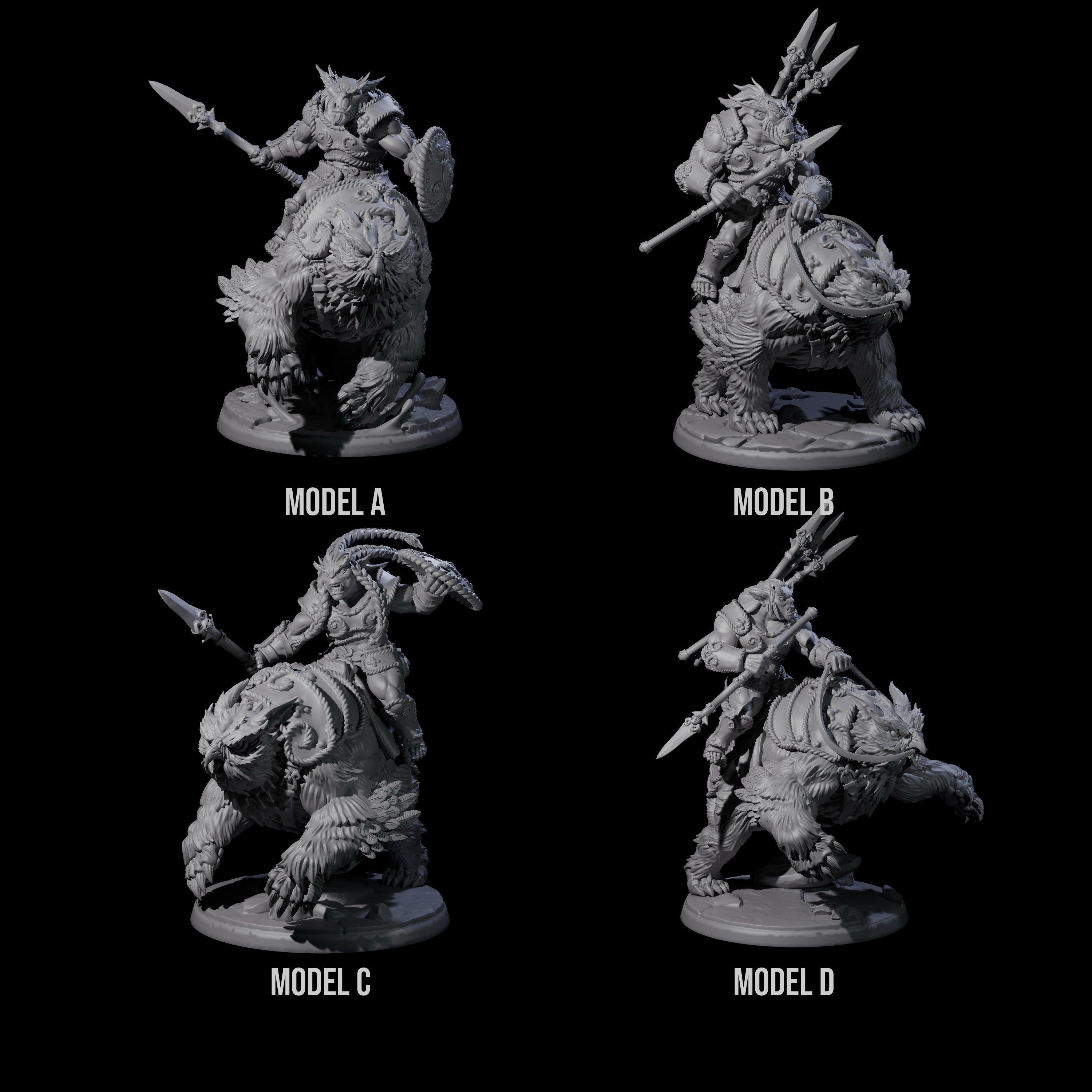 Four Raging Bugbears on Owlbears Miniature for Dungeons and Dragons, Pathfinder or other TTRPGs