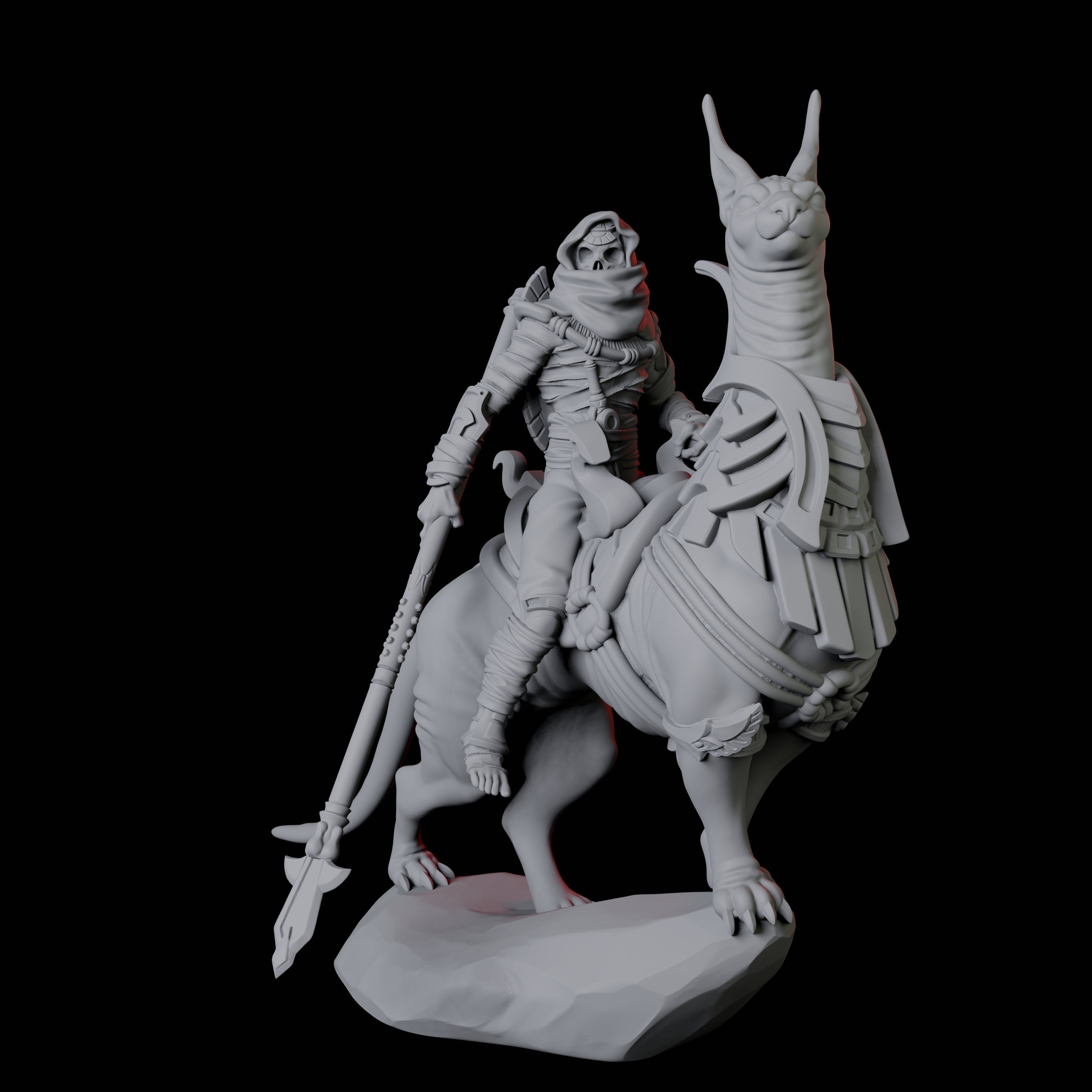 Four Skeletons riding large sphinx cats Miniature for Dungeons and Dragons, Pathfinder or other TTRPGs