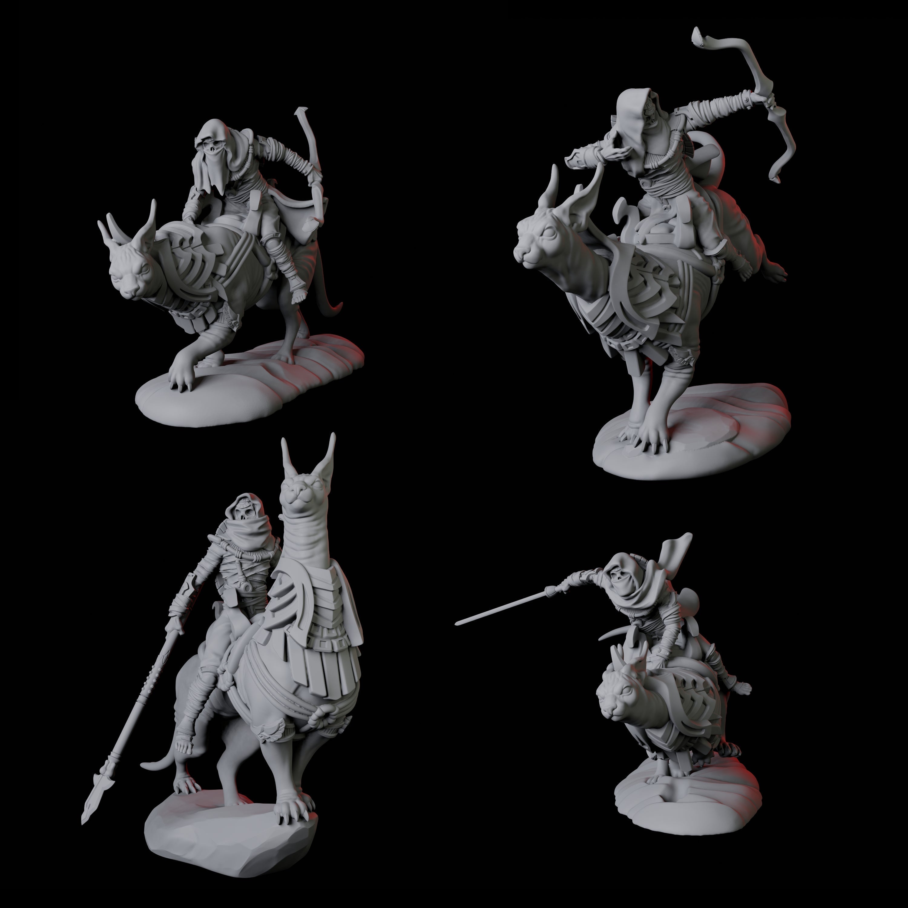 Four Skeletons riding large sphinx cats Miniature for Dungeons and Dragons, Pathfinder or other TTRPGs