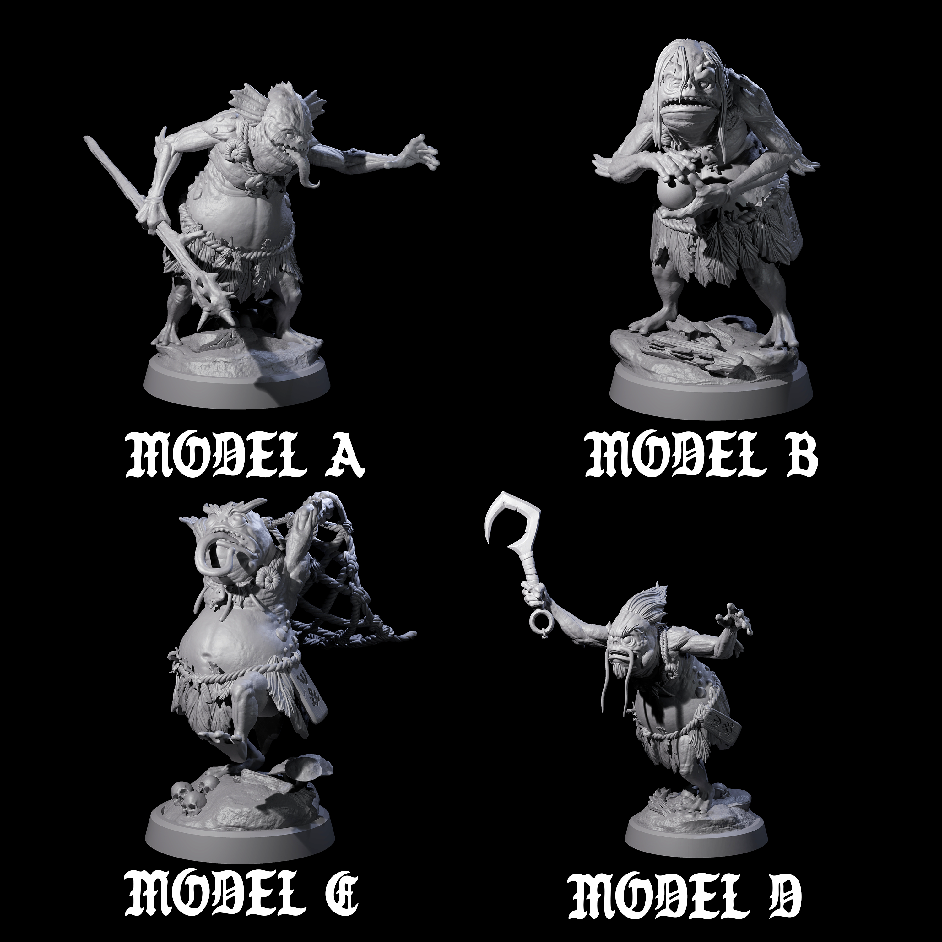 Four Smelly Kua-Toa Mystics Miniature for Dungeons and Dragons, Pathfinder or other TTRPGs