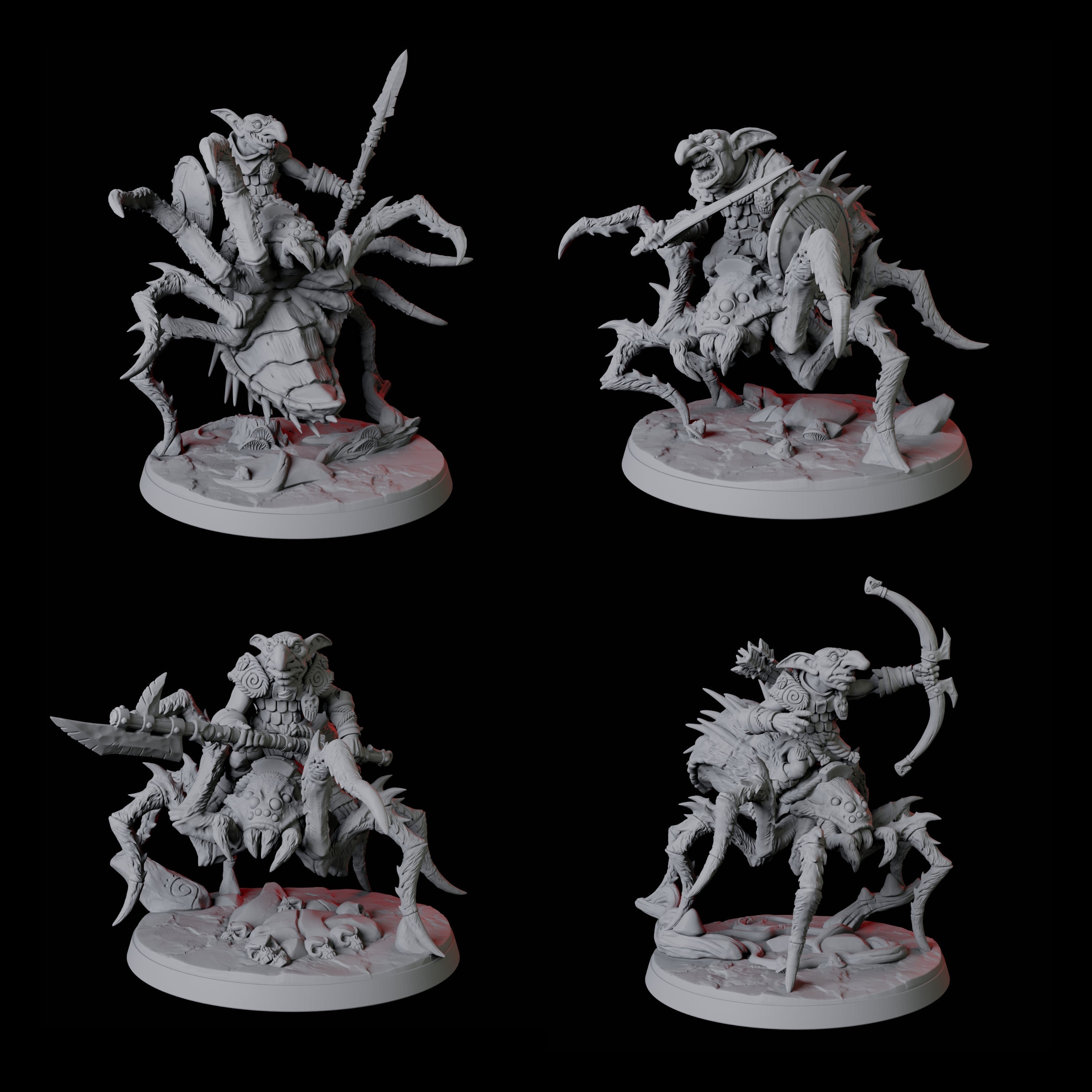 Four Spider Mounted Goblin Riders Miniature for Dungeons and Dragons, Pathfinder or other TTRPGs