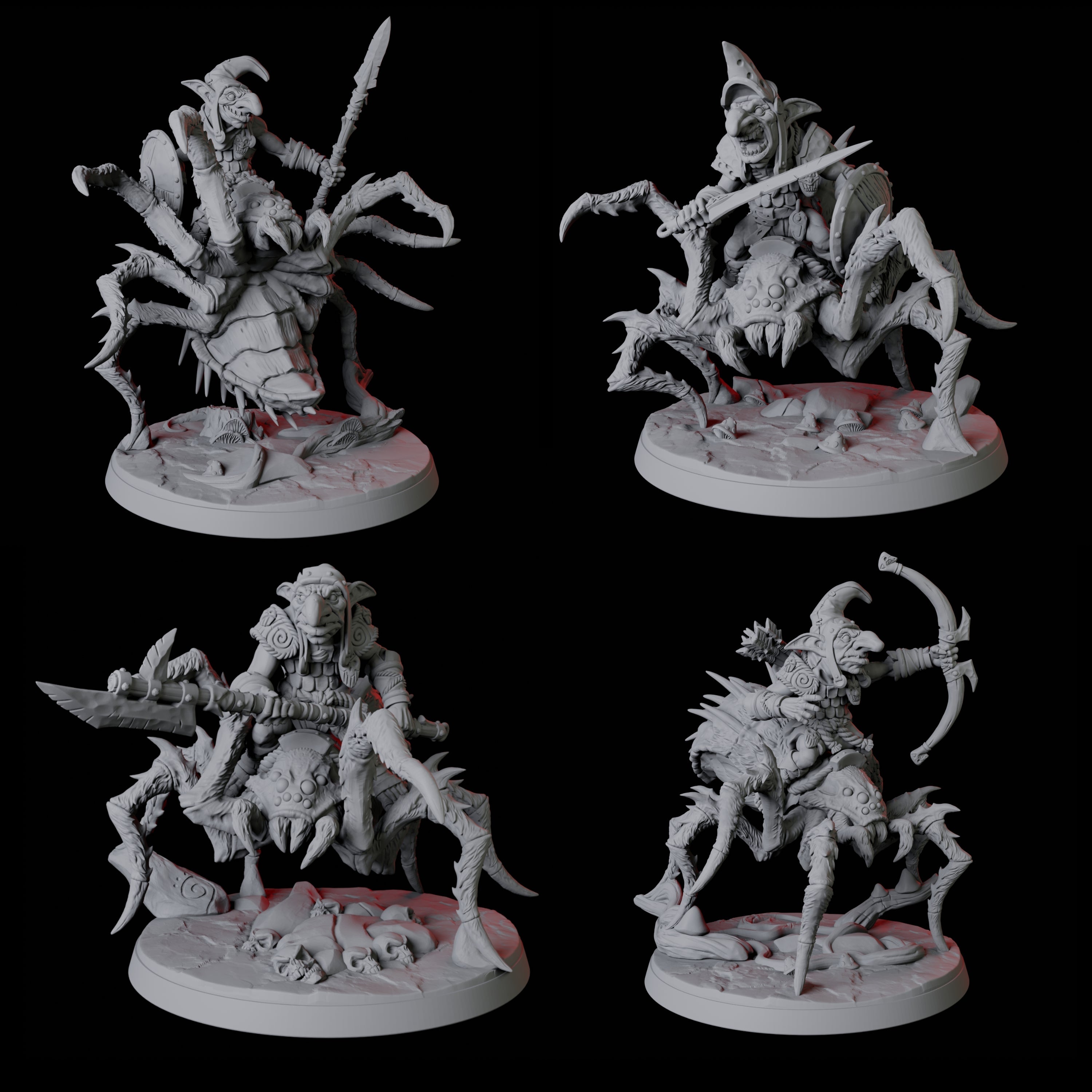 Four Spider Mounted Goblin Riders Miniature for Dungeons and Dragons, Pathfinder or other TTRPGs