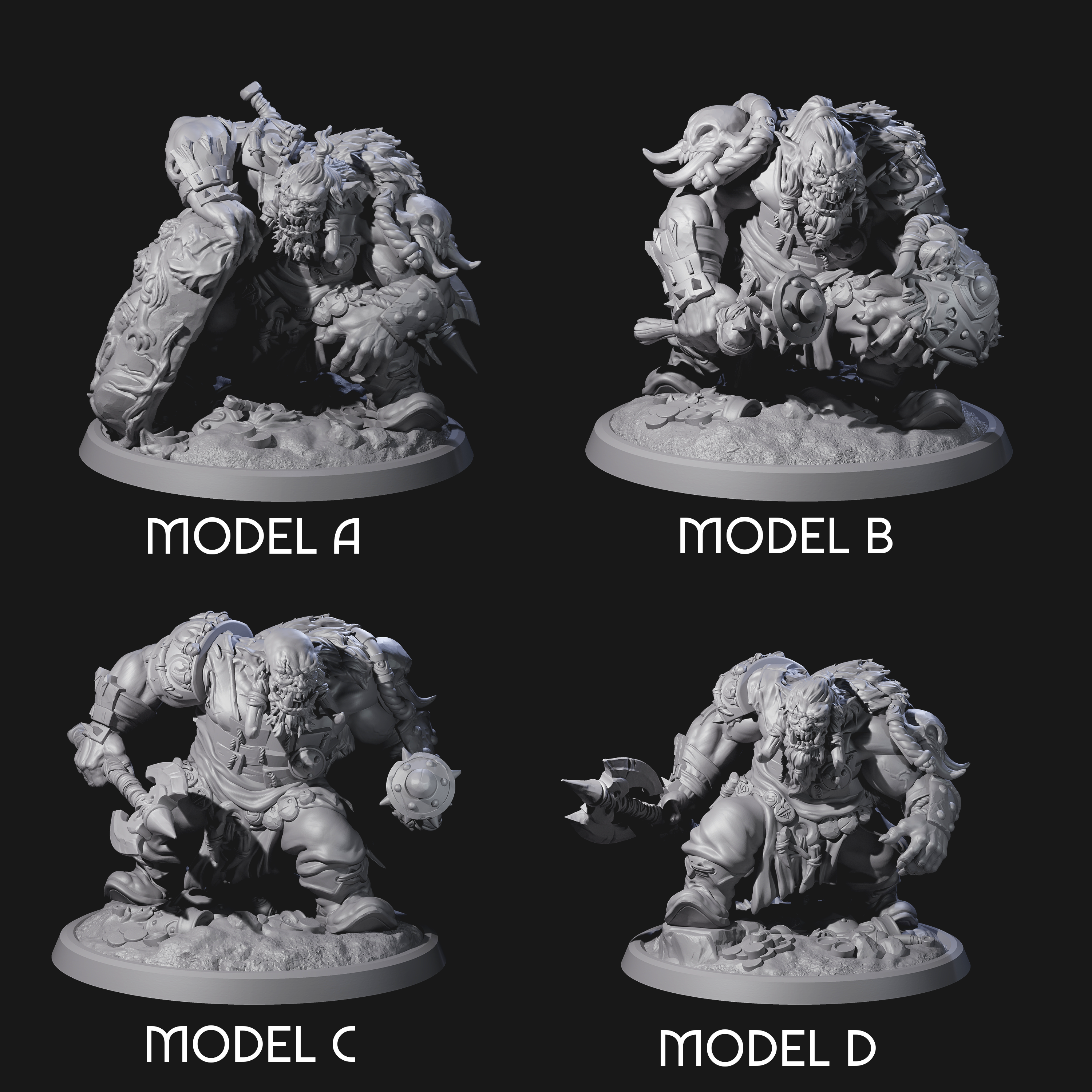 Four Squat Grinning Ogres Miniature for Dungeons and Dragons, Pathfinder or other TTRPGs