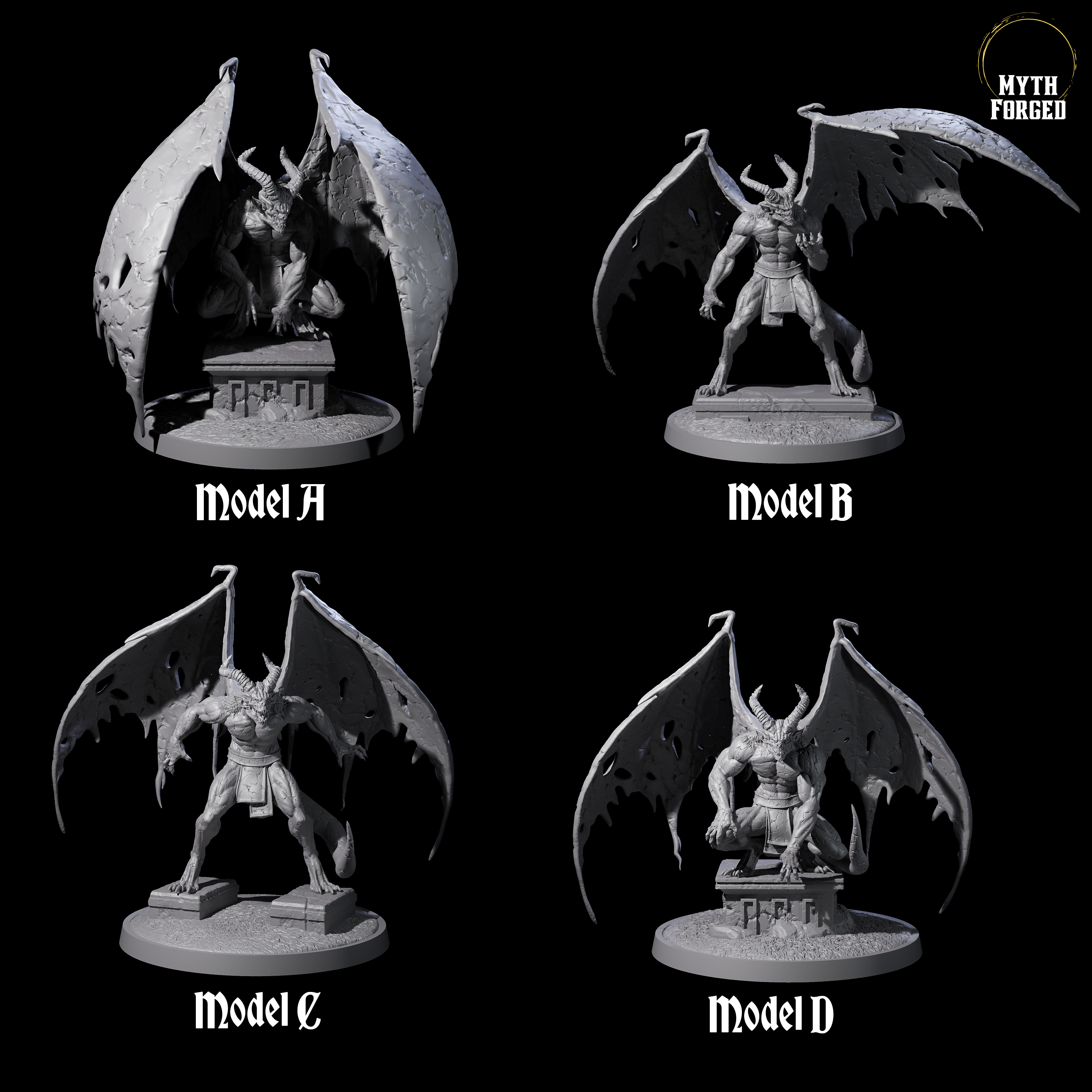 Four Static Gargoyles Miniature for Dungeons and Dragons, Pathfinder or other TTRPGs