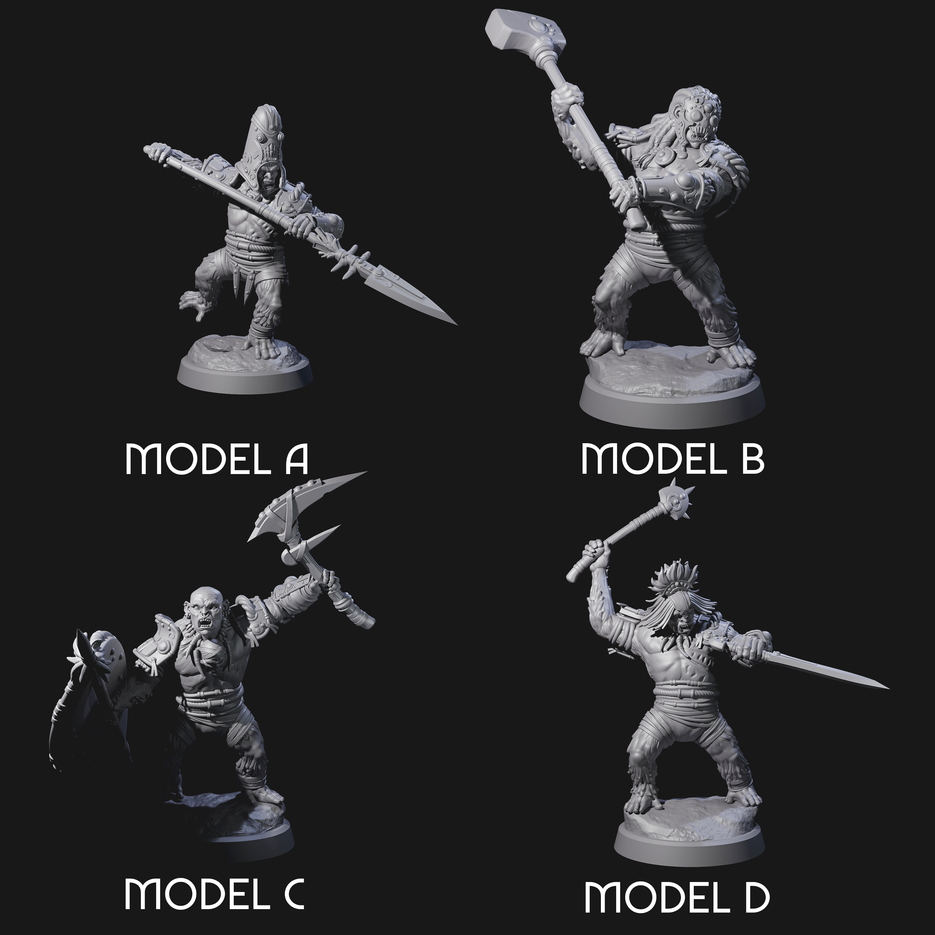 Four Striking Furry Orcs Miniature for Dungeons and Dragons, Pathfinder or other TTRPGs