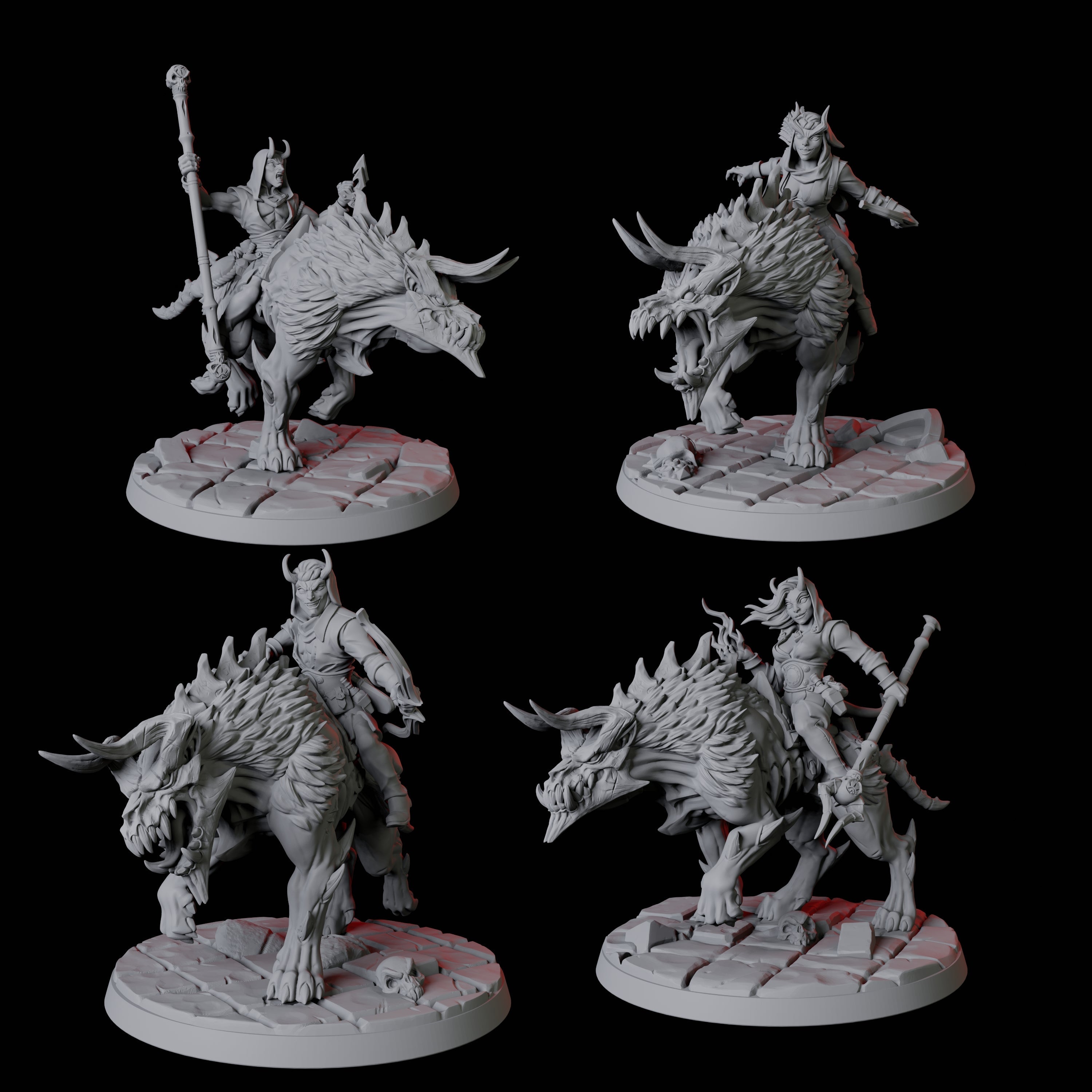 Four Tiefling Tricksters on Hell Hounds Miniature for Dungeons and Dragons, Pathfinder or other TTRPGs