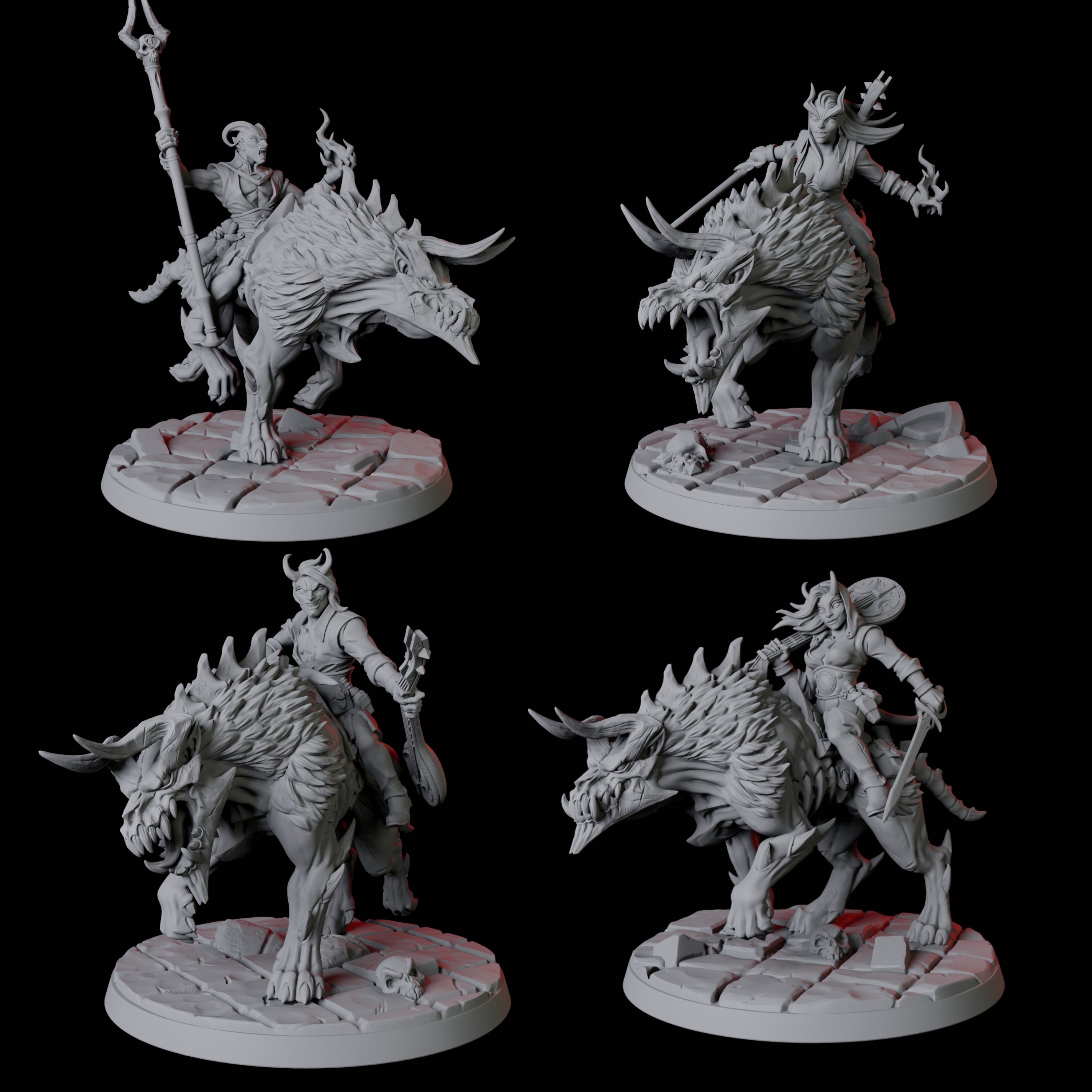 Four Tiefling Tricksters on Hell Hounds Miniature for Dungeons and Dragons, Pathfinder or other TTRPGs