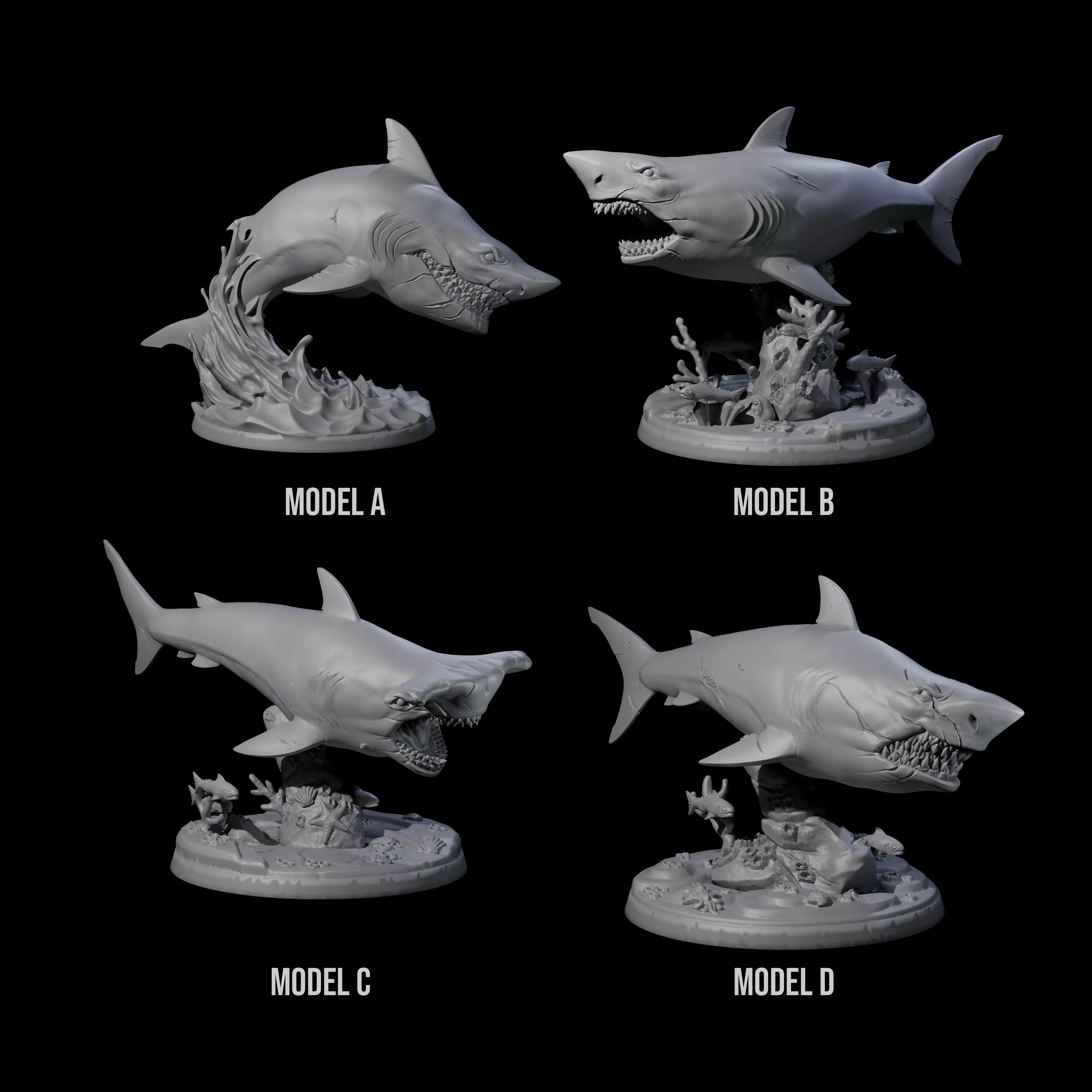 Four Toothy Giant Sharks Miniature for Dungeons and Dragons, Pathfinder or other TTRPGs