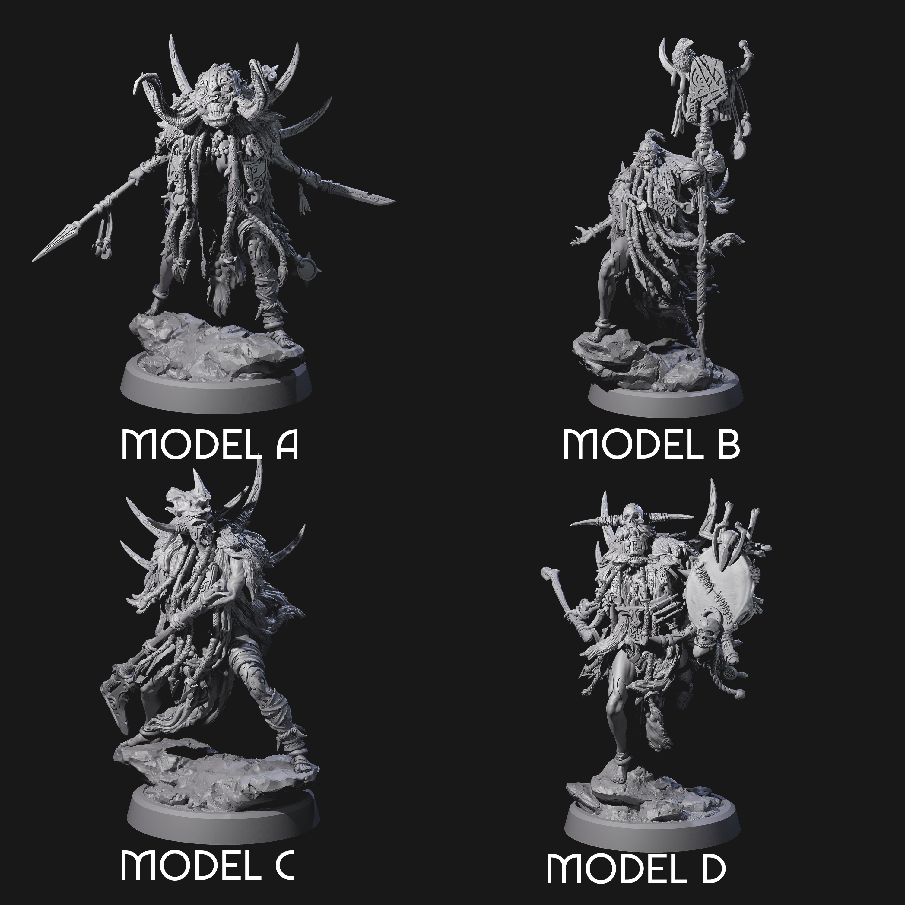 Four Tusked Goblin Shamans Miniature for Dungeons and Dragons, Pathfinder or other TTRPGs
