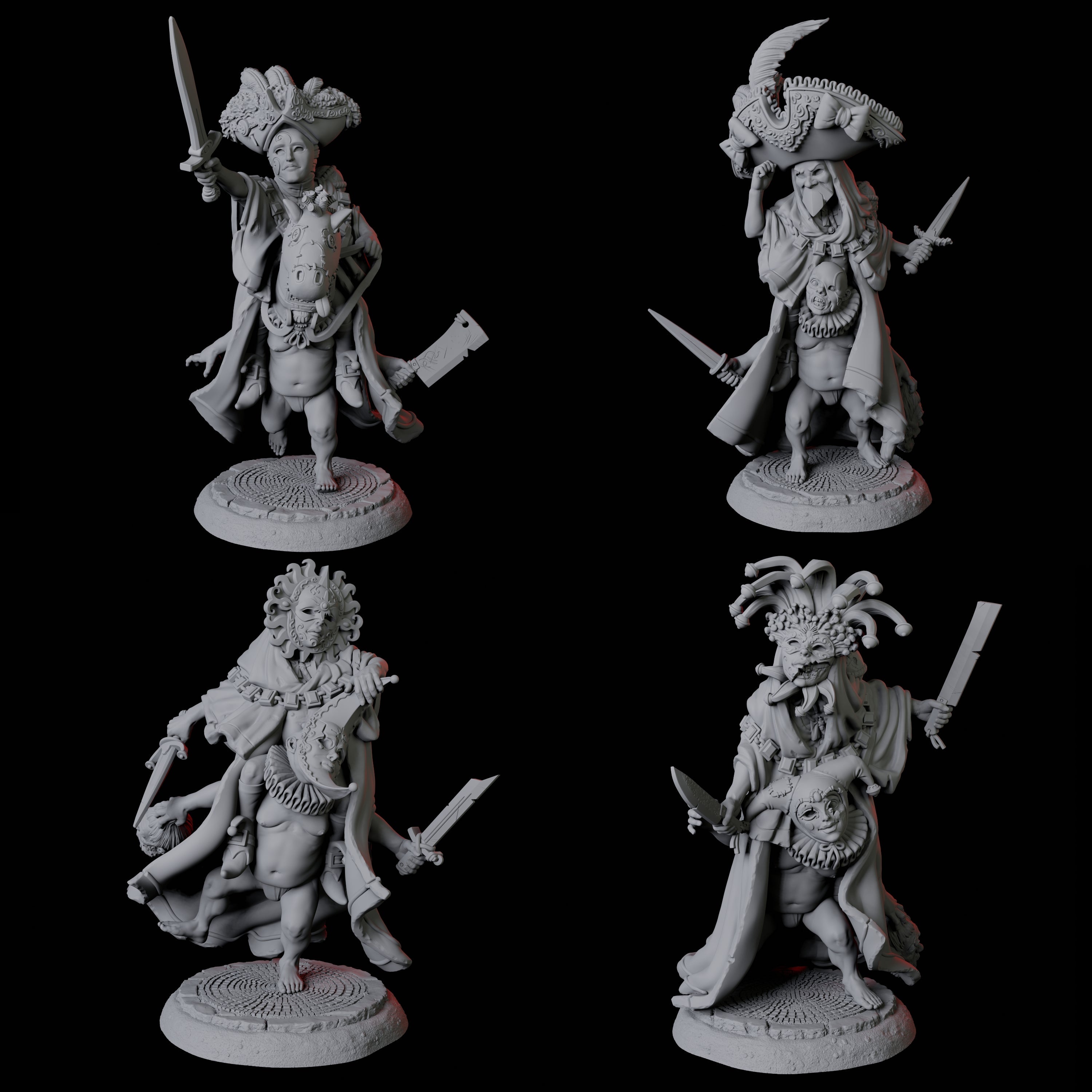 Four Weird Halfling Jester Pairs Miniature for Dungeons and Dragons, Pathfinder or other TTRPGs