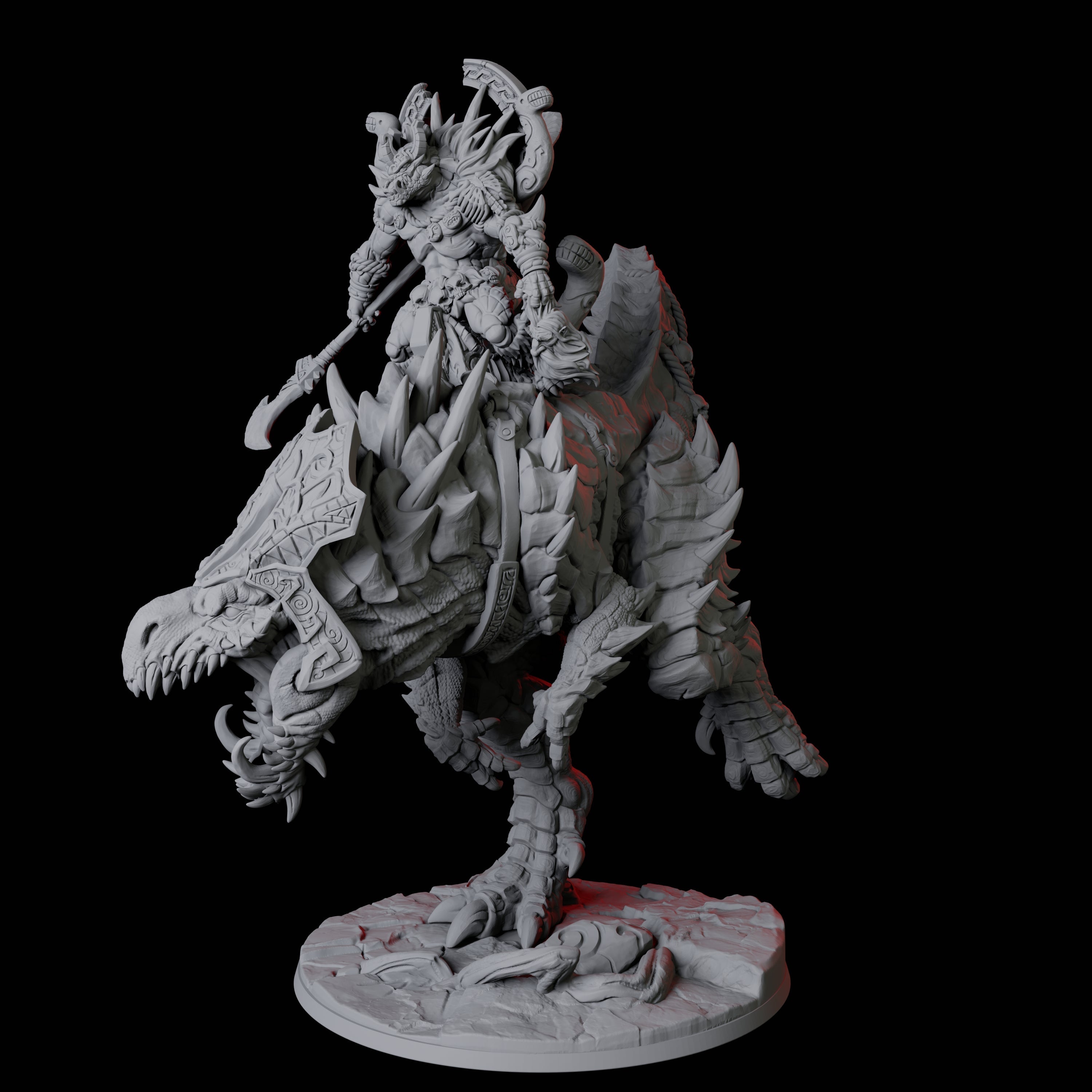 Frost Lizardfolk Champion riding a T-Rex Miniature for Dungeons and Dragons, Pathfinder or other TTRPGs