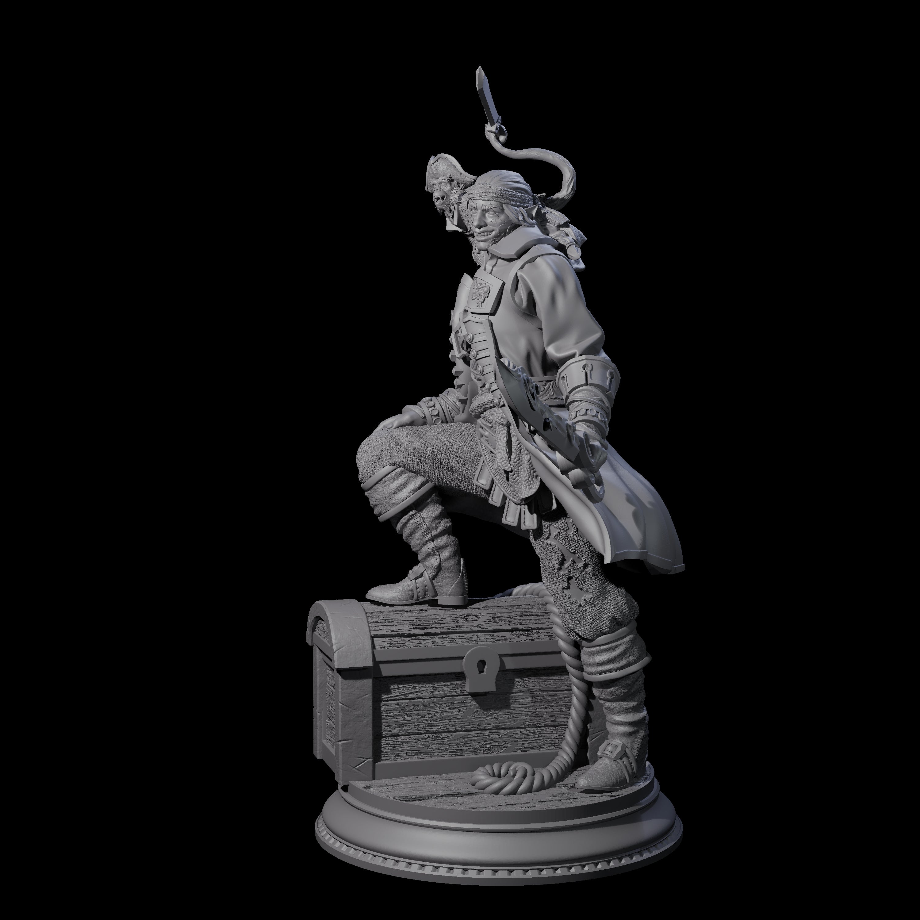Grinning Elf Pirate with Monkey Miniature for Dungeons and Dragons, Pathfinder or other TTRPGs