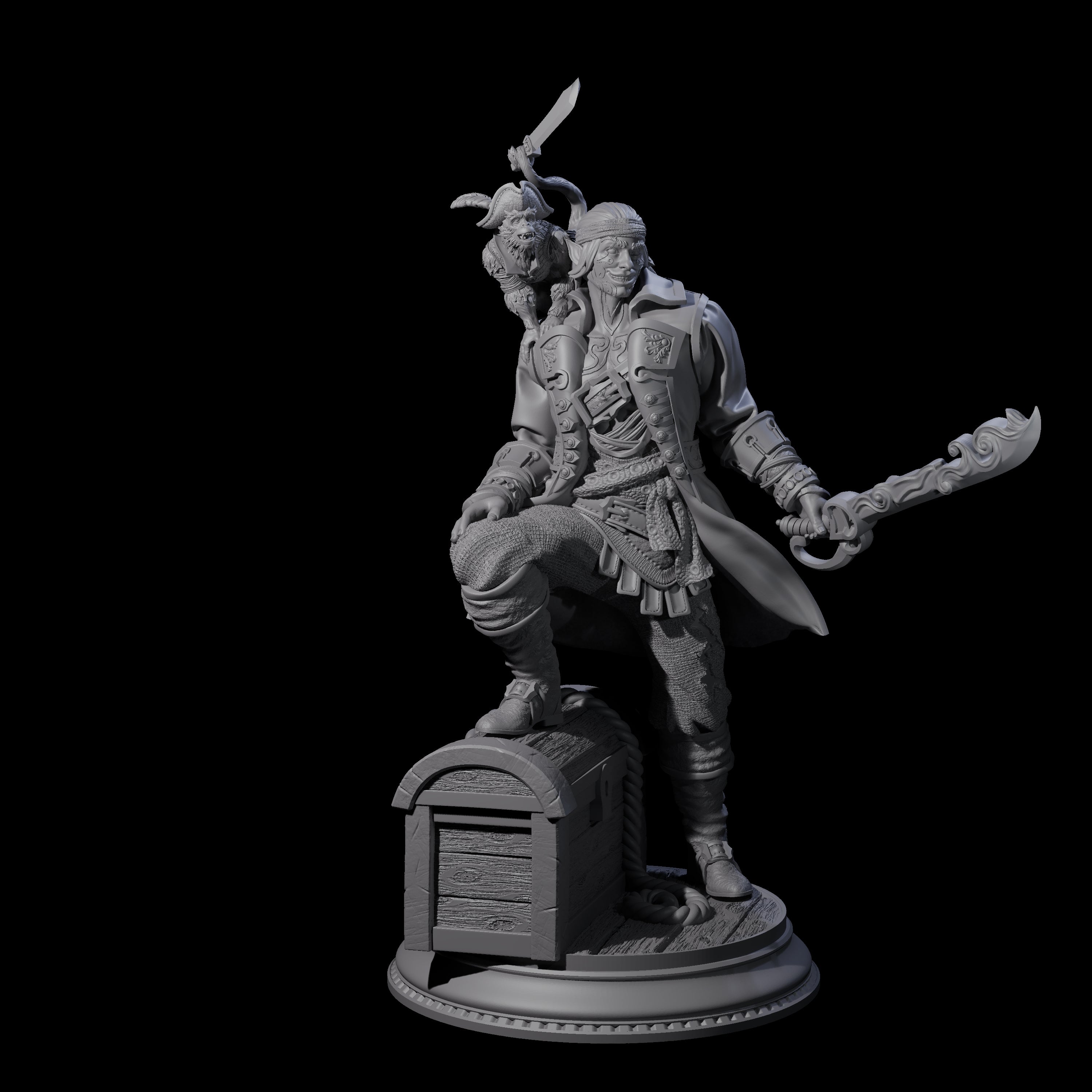 Grinning Elf Pirate with Monkey Miniature for Dungeons and Dragons, Pathfinder or other TTRPGs