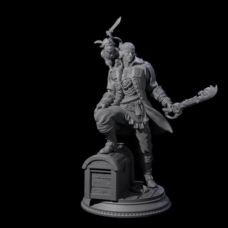 Grinning Elf Pirate with Monkey Miniature for Dungeons and Dragons, Pathfinder or other TTRPGs