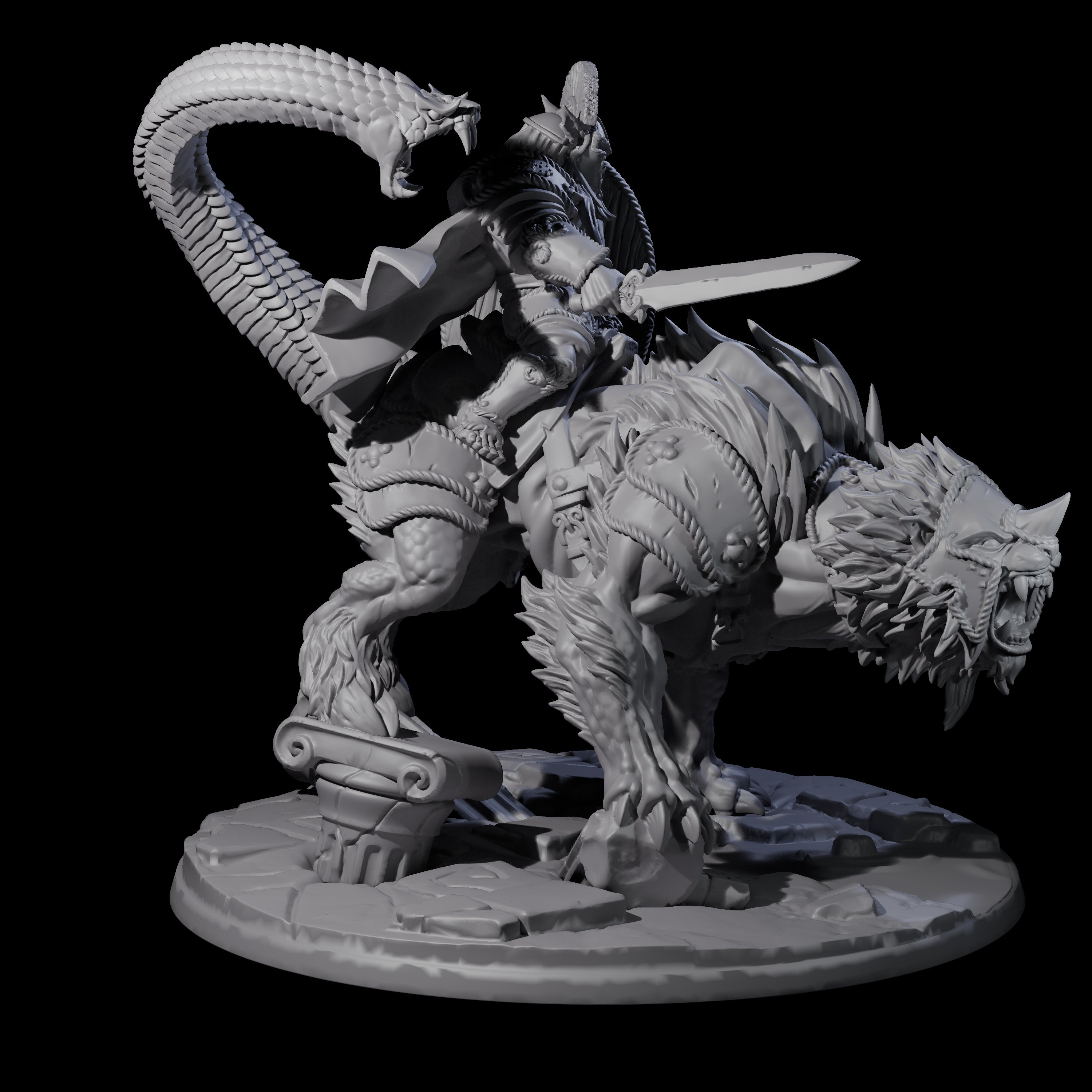 Imposing Bugbear Champion mounted on a Chimera Miniature for Dungeons and Dragons, Pathfinder or other TTRPGs