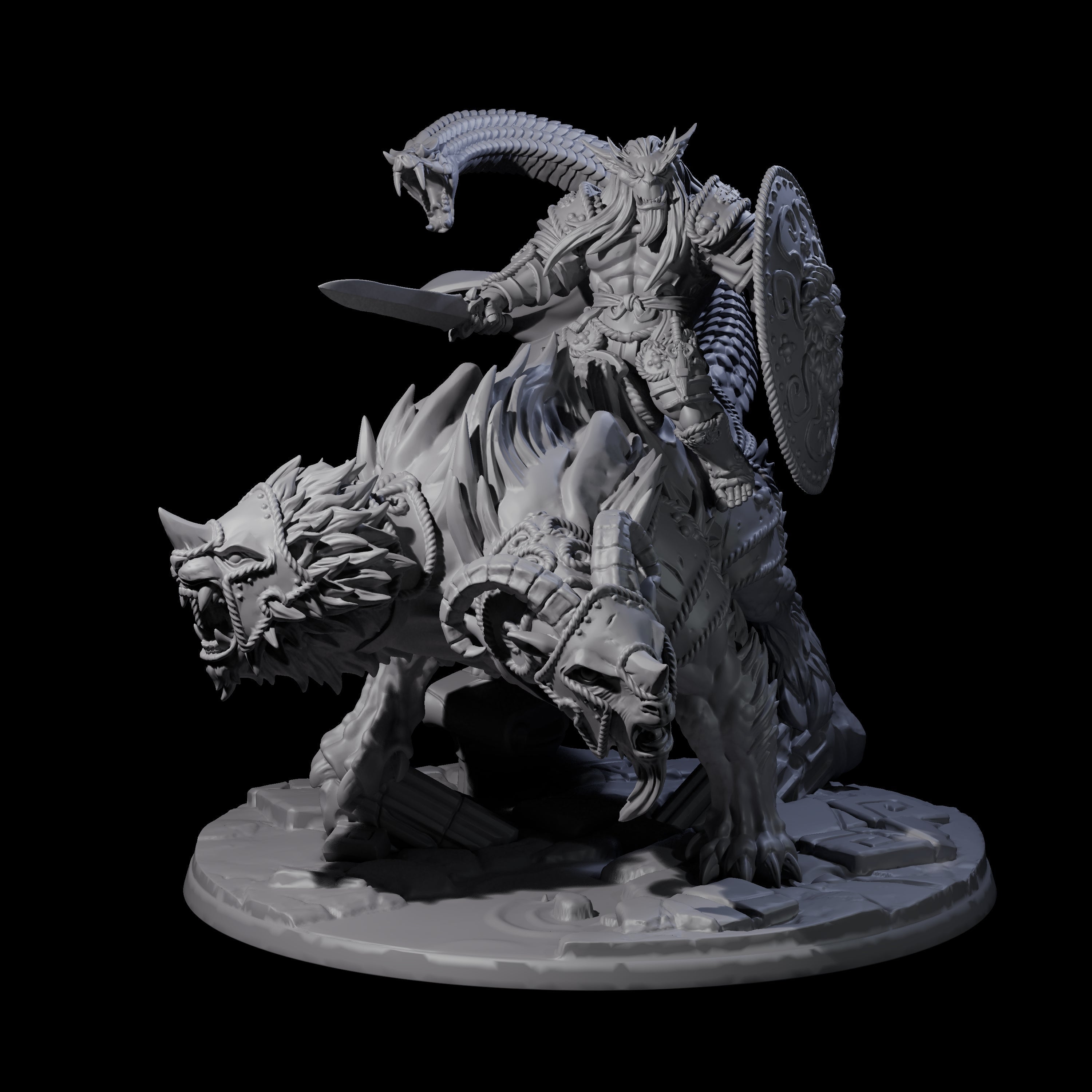 Imposing Bugbear Champion mounted on a Chimera Miniature for Dungeons and Dragons, Pathfinder or other TTRPGs