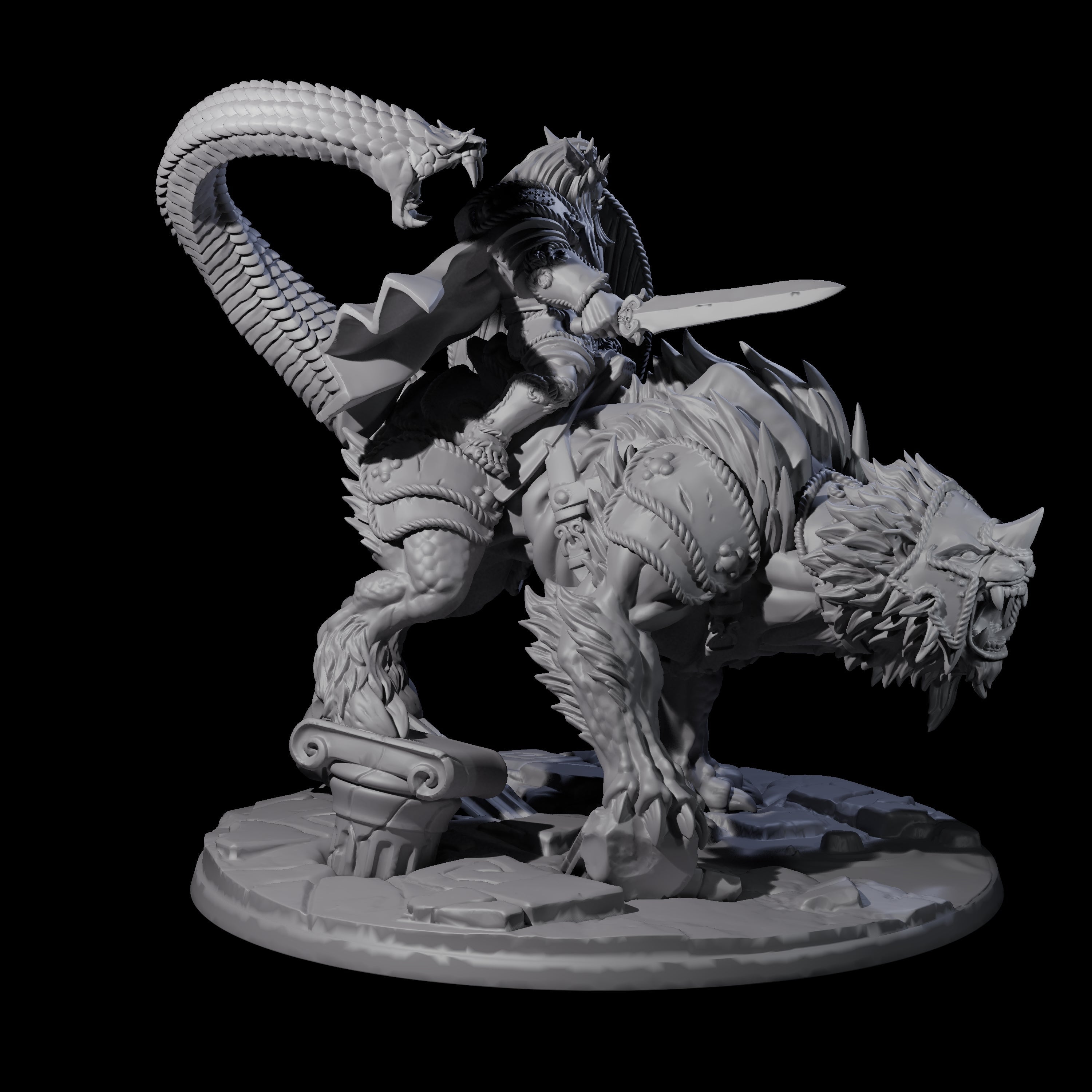 Imposing Bugbear Champion mounted on a Chimera Miniature for Dungeons and Dragons, Pathfinder or other TTRPGs