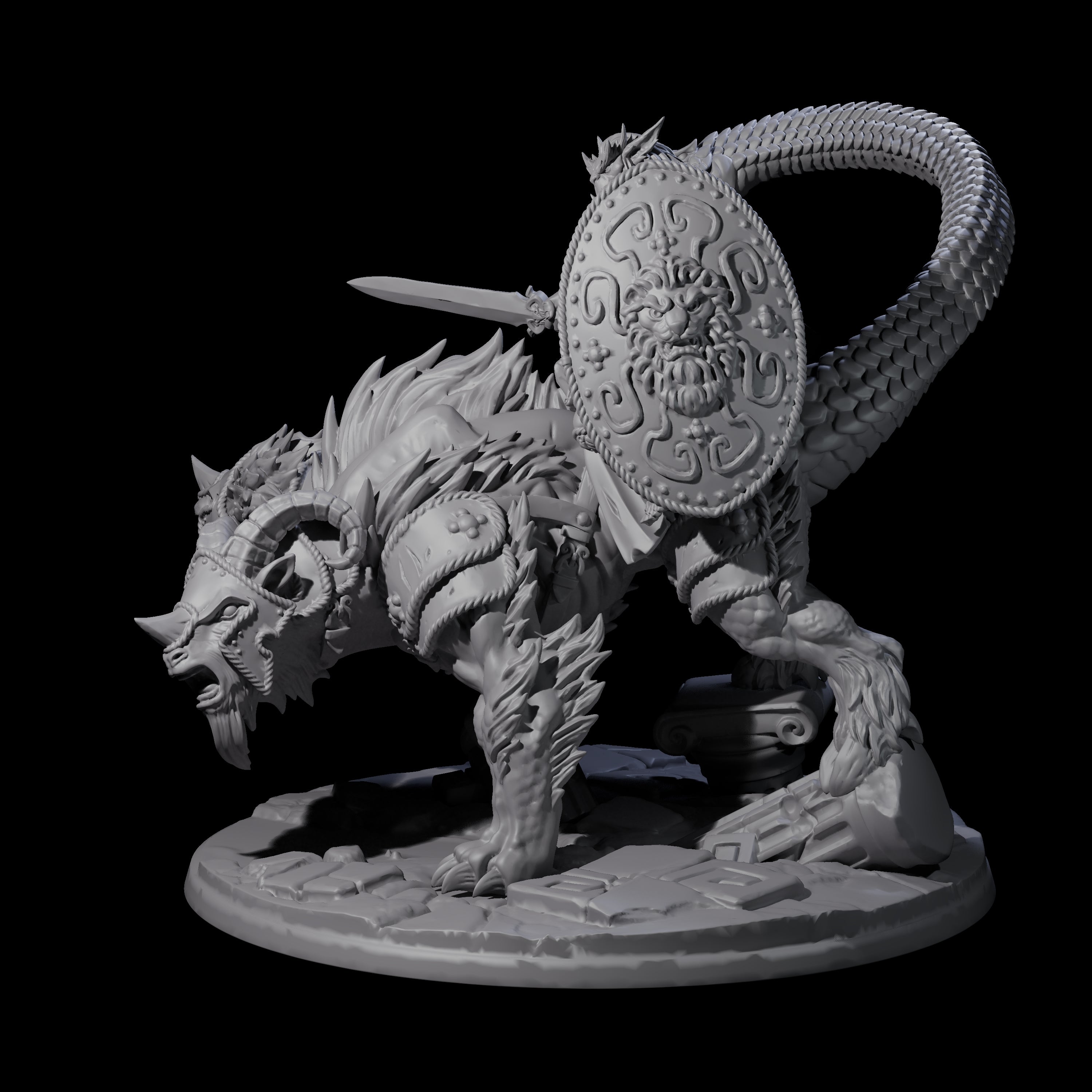 Imposing Bugbear Champion mounted on a Chimera Miniature for Dungeons and Dragons, Pathfinder or other TTRPGs