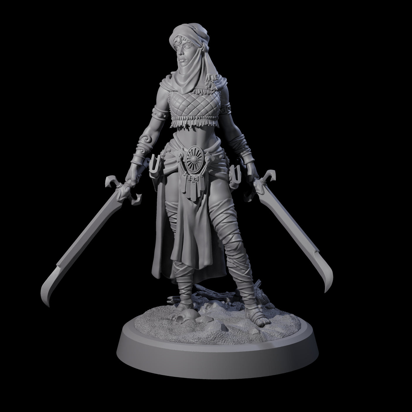 Mysterious Desert Duel Wielding Swordswoman Miniature for Dungeons and Dragons, Pathfinder or other TTRPGs