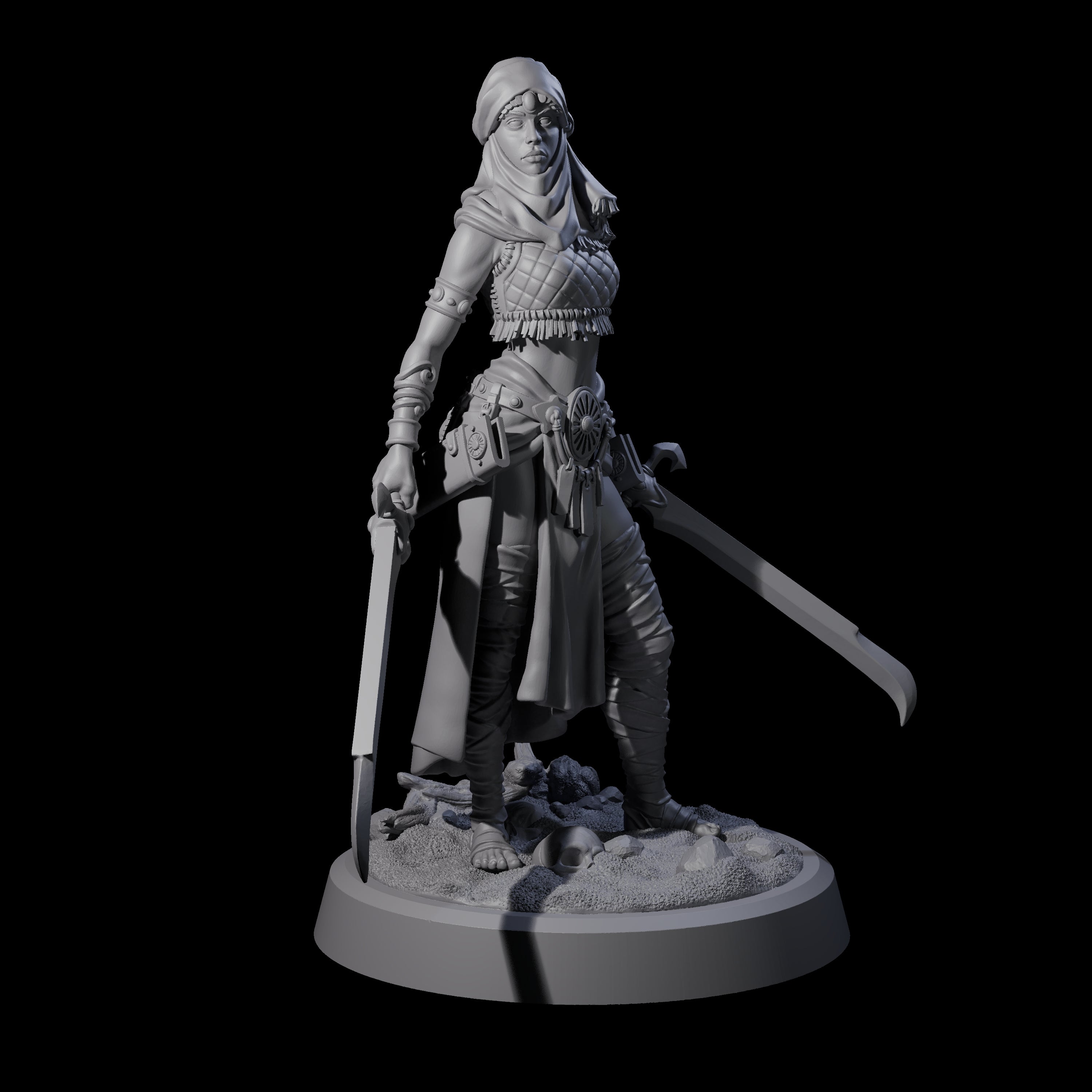 Mysterious Desert Duel Wielding Swordswoman Miniature for Dungeons and Dragons, Pathfinder or other TTRPGs