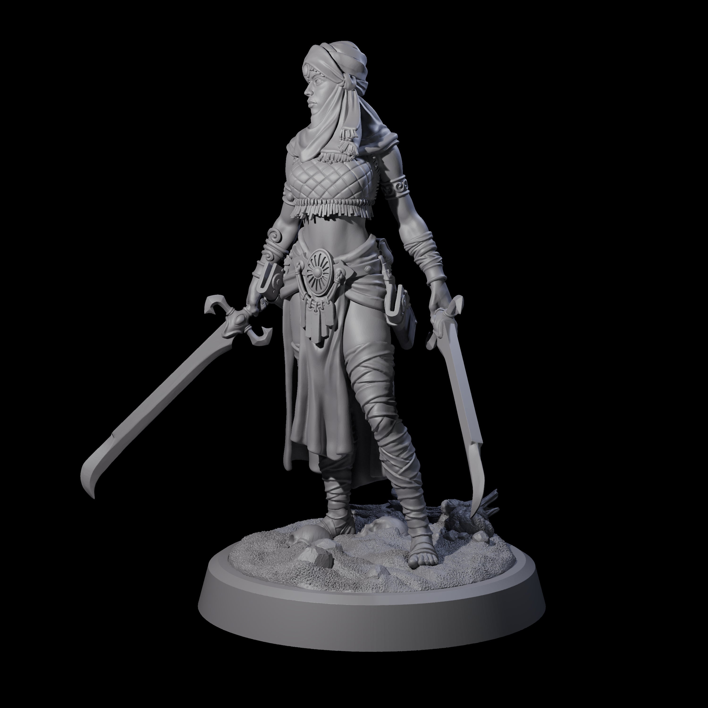 Mysterious Desert Duel Wielding Swordswoman Miniature for Dungeons and Dragons, Pathfinder or other TTRPGs