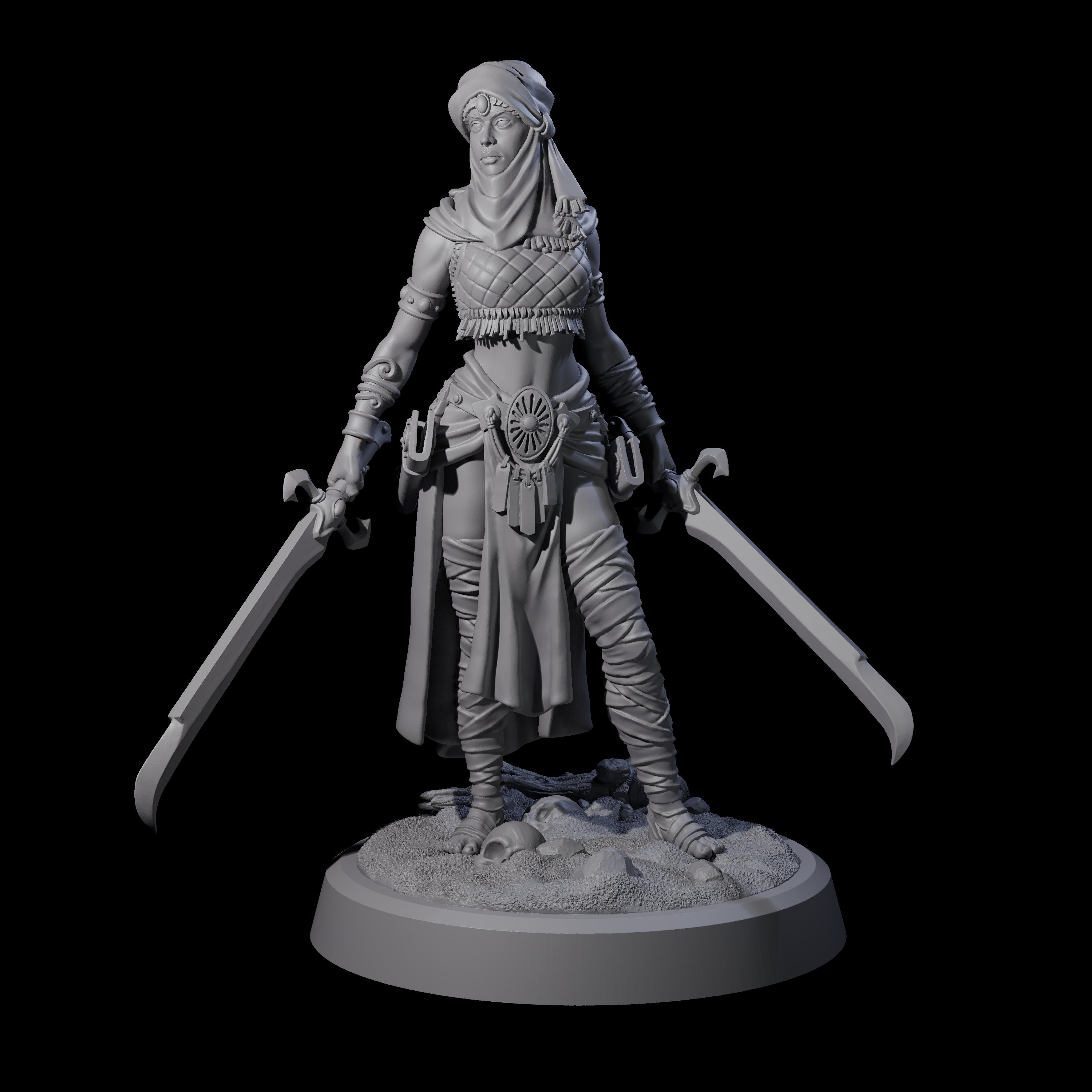 Mysterious Desert Duel Wielding Swordswoman Miniature for Dungeons and Dragons, Pathfinder or other TTRPGs