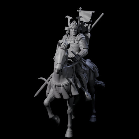Samuari Flag Bearer on Horseback Miniature for Dungeons and Dragons, Pathfinder or other TTRPGs