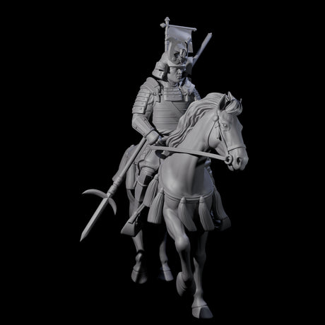 Samuari Flag Bearer on Horseback Miniature for Dungeons and Dragons, Pathfinder or other TTRPGs