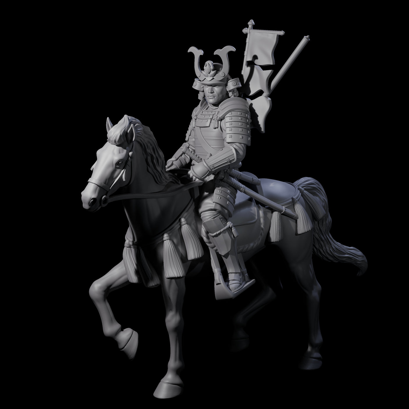 Samuari Flag Bearer on Horseback Miniature for Dungeons and Dragons, Pathfinder or other TTRPGs