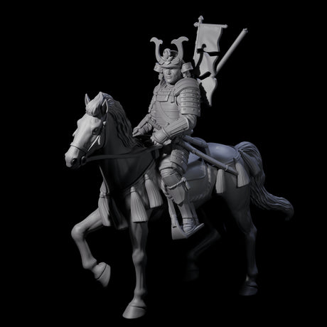 Samuari Flag Bearer on Horseback Miniature for Dungeons and Dragons, Pathfinder or other TTRPGs
